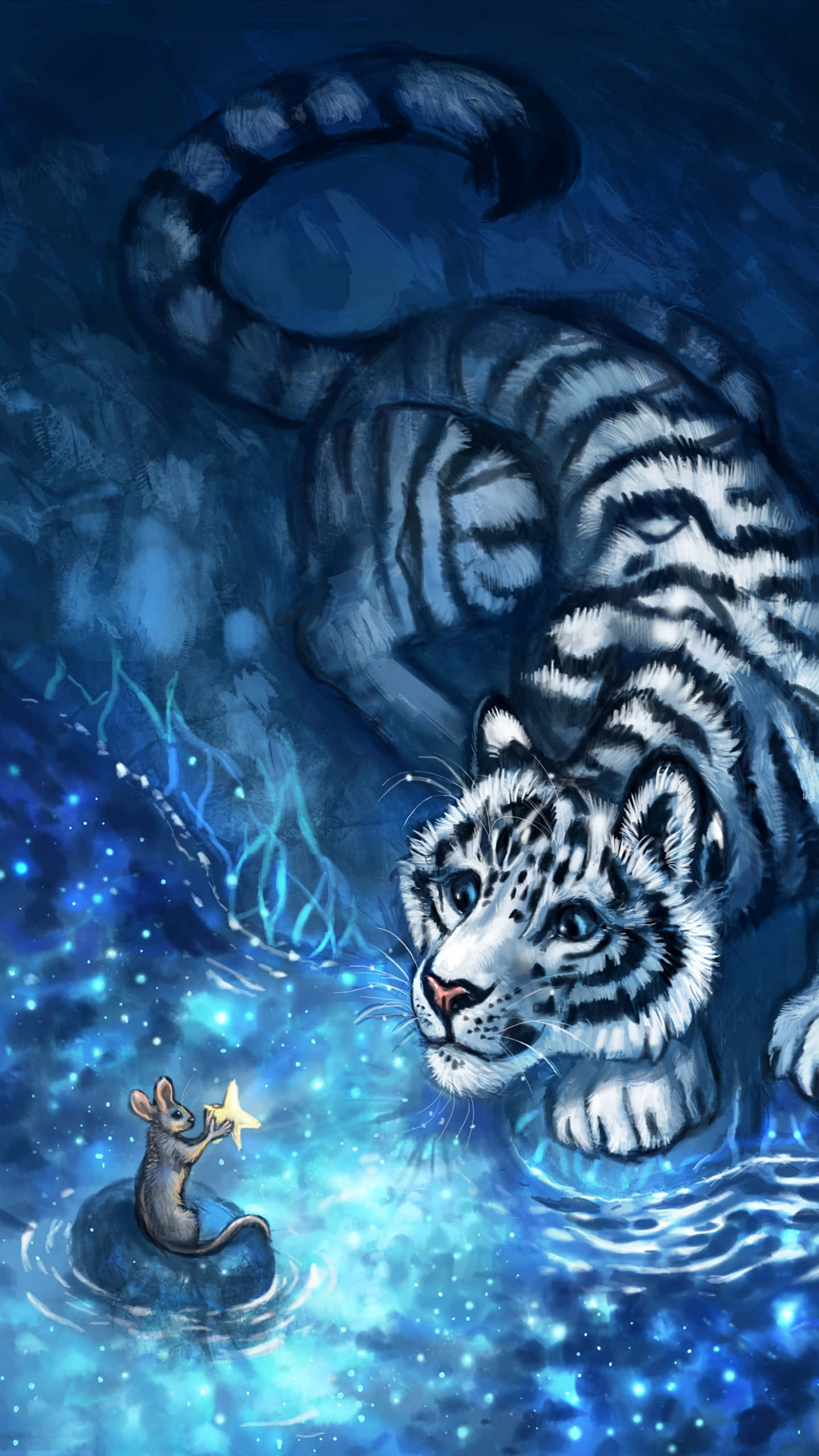 white tiger, mouse, glowing blue water, 2K Phone Wallpaper