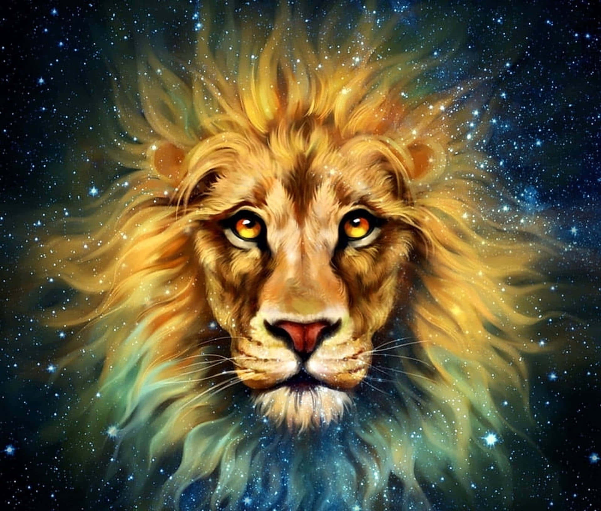 Cool Animal Galaxy, lion, glowing amber eyes, Full HD Desktop Wallpaper