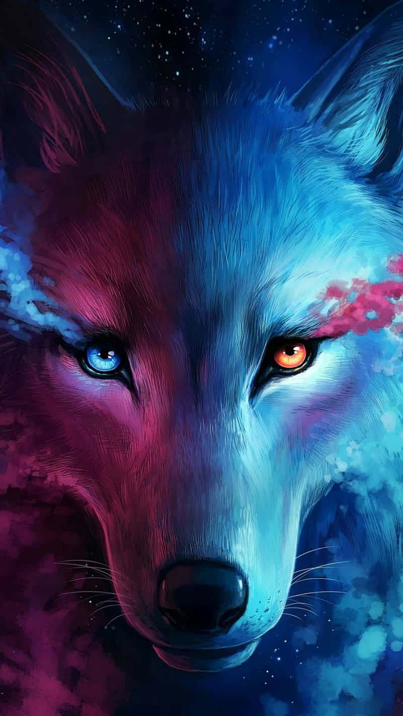 Cool Animal Galaxy, wolf, glowing heterochromatic eyes, HD Phone Wallpaper