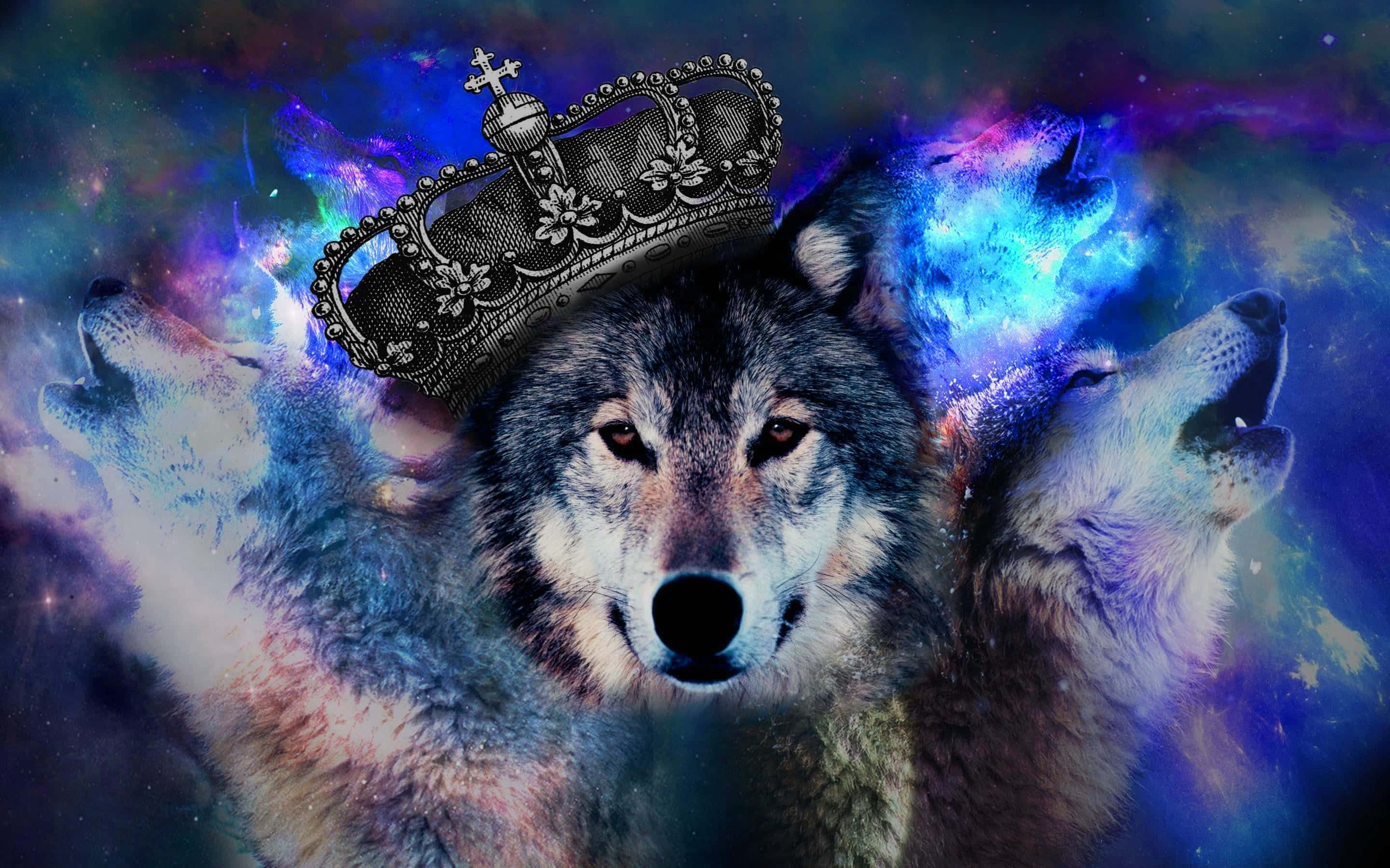 Cool Animal Galaxy, wolf, ornate silver crown, 2K Desktop Wallpaper