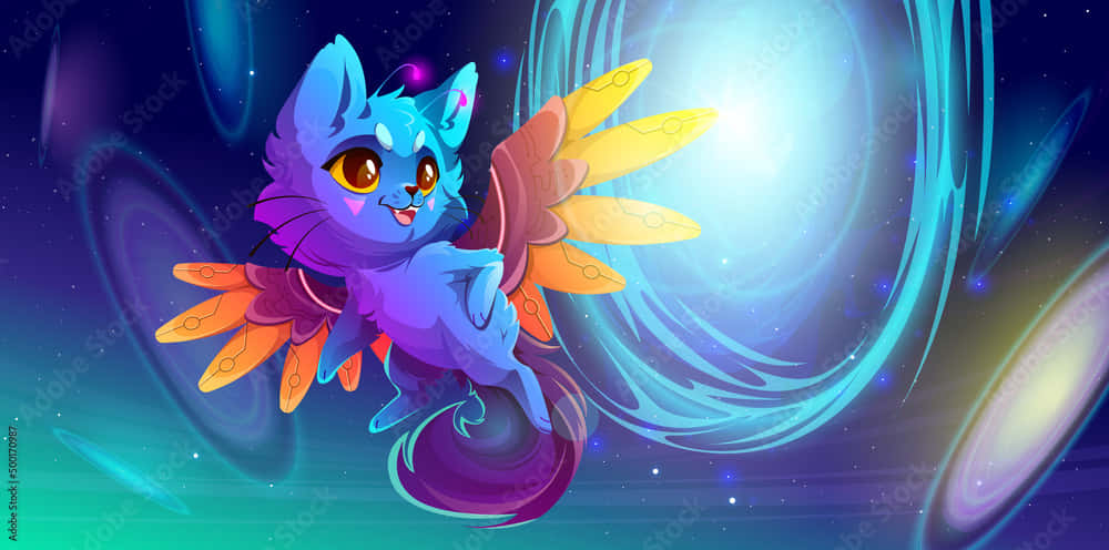 blue cat, orange wings, cosmic nebula, SD Desktop Wallpaper