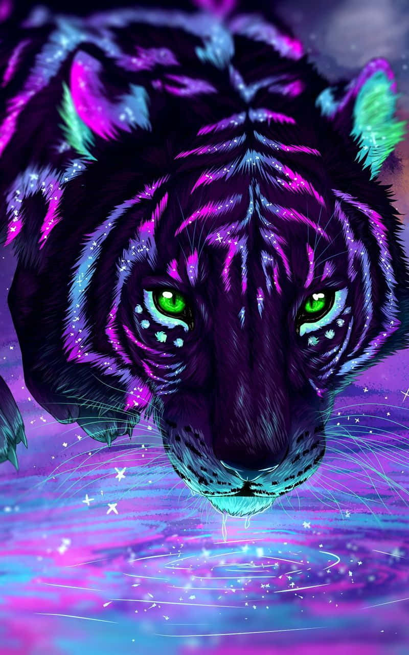 Cool Animal Galaxy, neon purple tiger, glowing green eyes, HD Phone Wallpaper