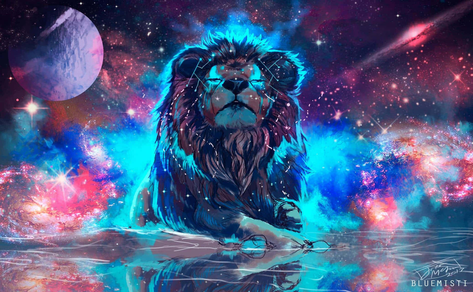 Cool Animal Galaxy, lion, glowing blue fur, Full HD Desktop Wallpaper