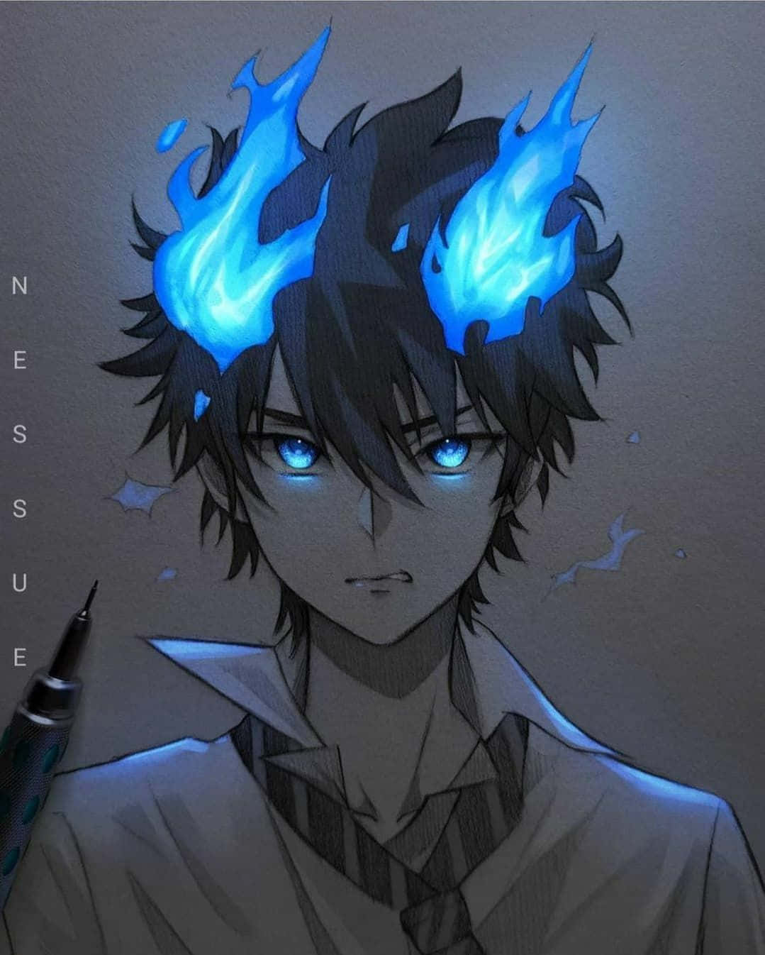 Cool Anime Boy Blue Hair And Eyes, glowing blue flame horns, eyes, HD Phone Wallpaper