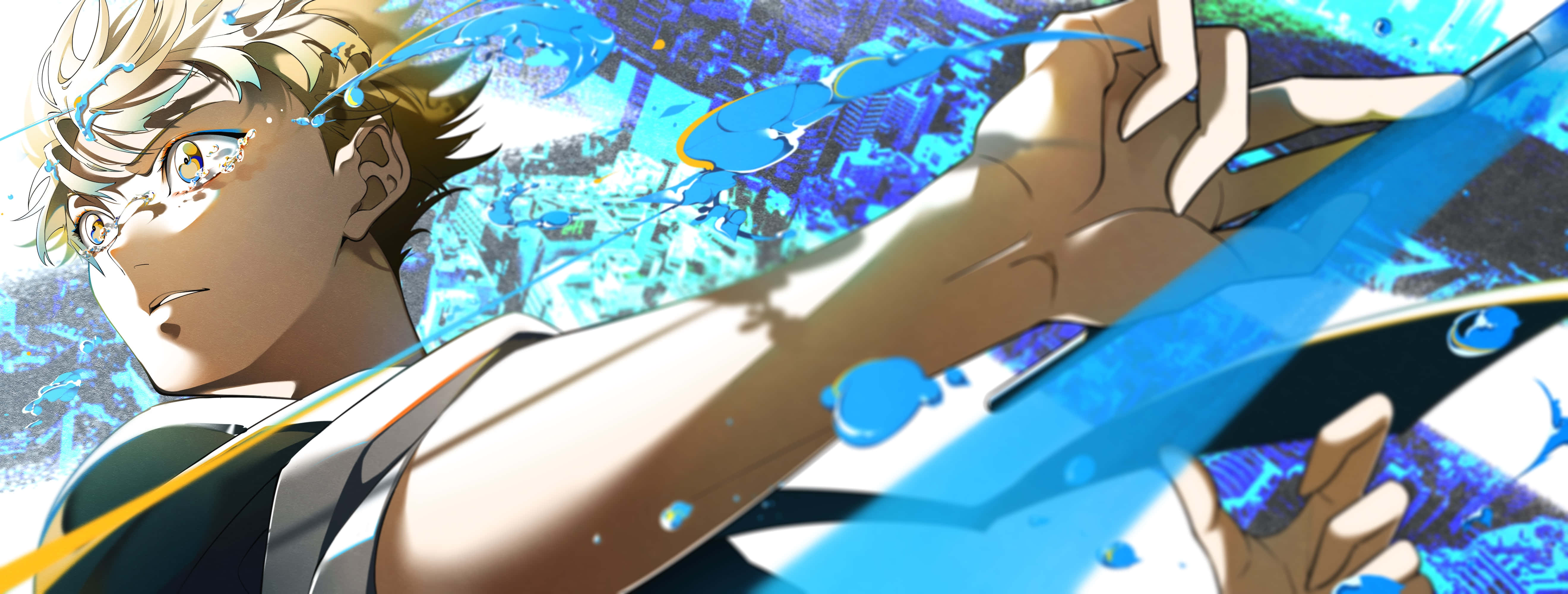 Anime boy, blonde hair, determined gaze, 5K Desktop Wallpaper