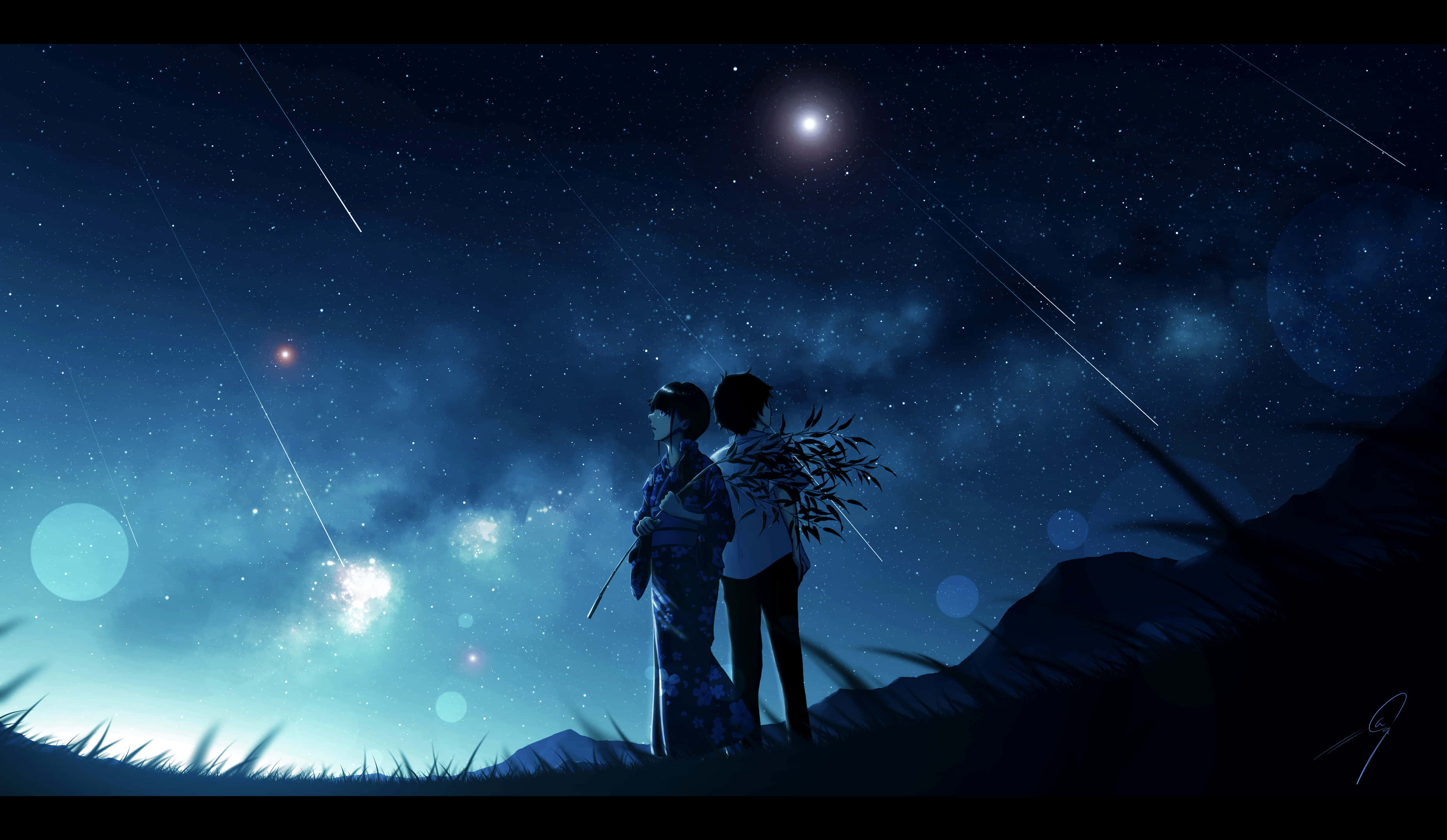 anime girl, cool blue aesthetic, starry night sky, 2K Desktop Wallpaper