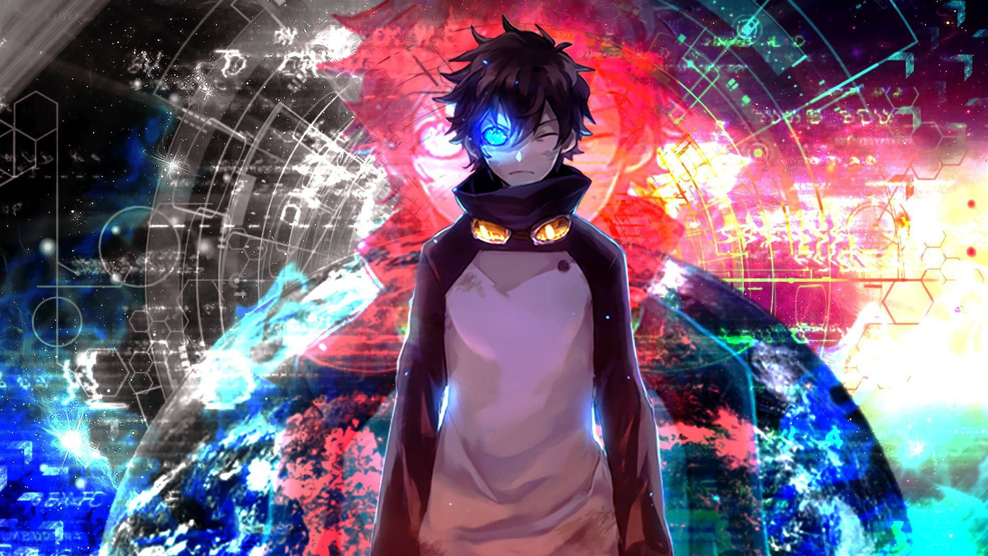 anime blue boy, glowing anime boy, one blue eye, Full HD Desktop Wallpaper