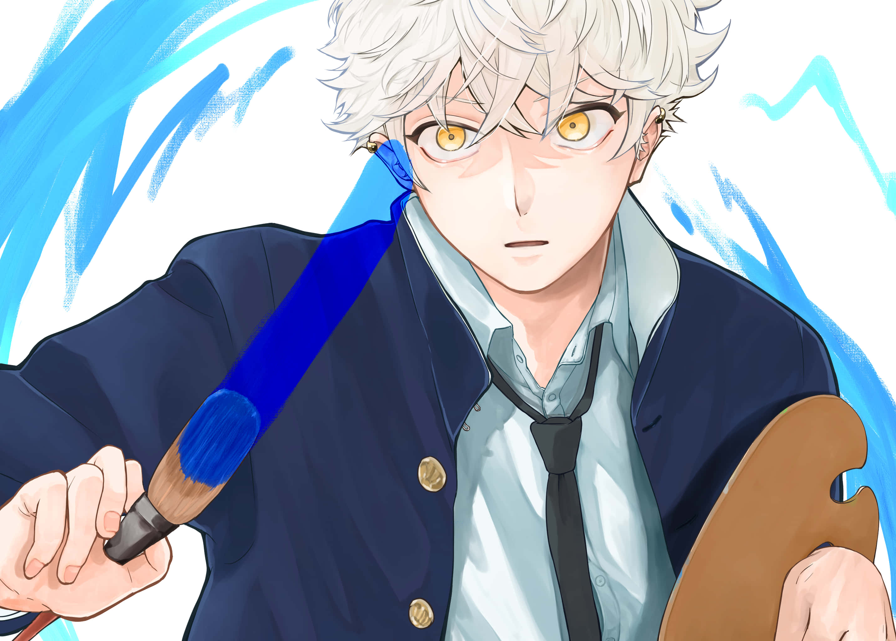 Cool Anime Man Blue, white hair, golden eyes, 2K Desktop Wallpaper