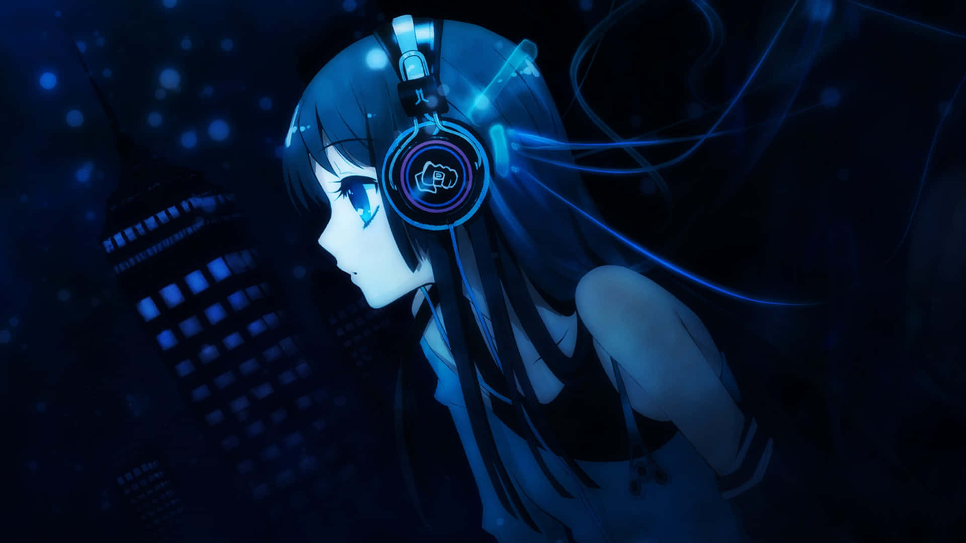 Anime girl, glowing blue headphones, dark futuristic cityscape, Full HD Desktop Wallpaper
