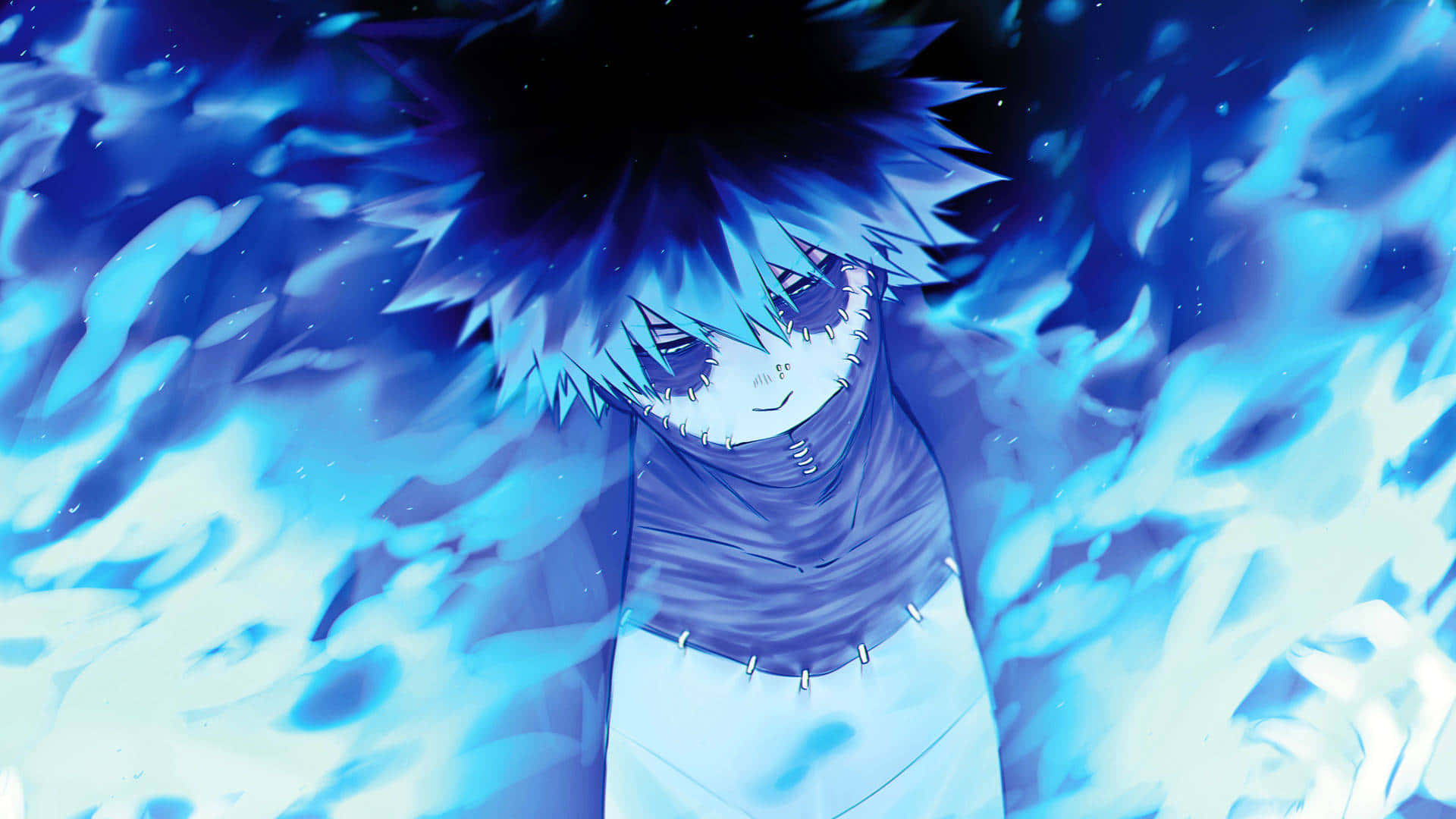 anime character, glowing blue eyes, swirling blue flames, Full HD Desktop Wallpaper
