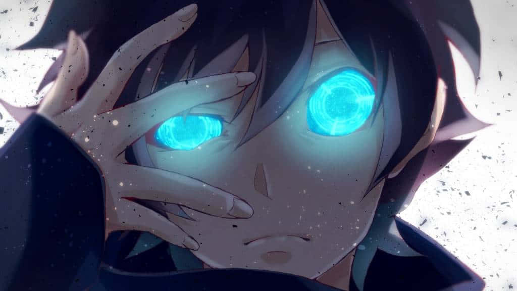 anime blue, glowing blue eyes, dark hair, SD Desktop Wallpaper