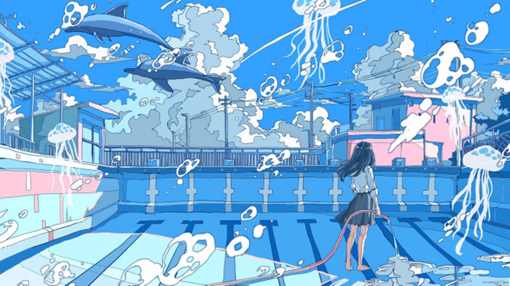blue anime, swimming pool, dolphins, HD Desktop Wallpaper