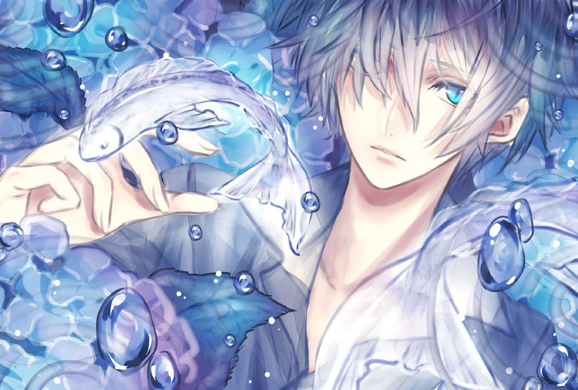 anime boy, silver hair, blue eyes, Full HD Desktop Wallpaper