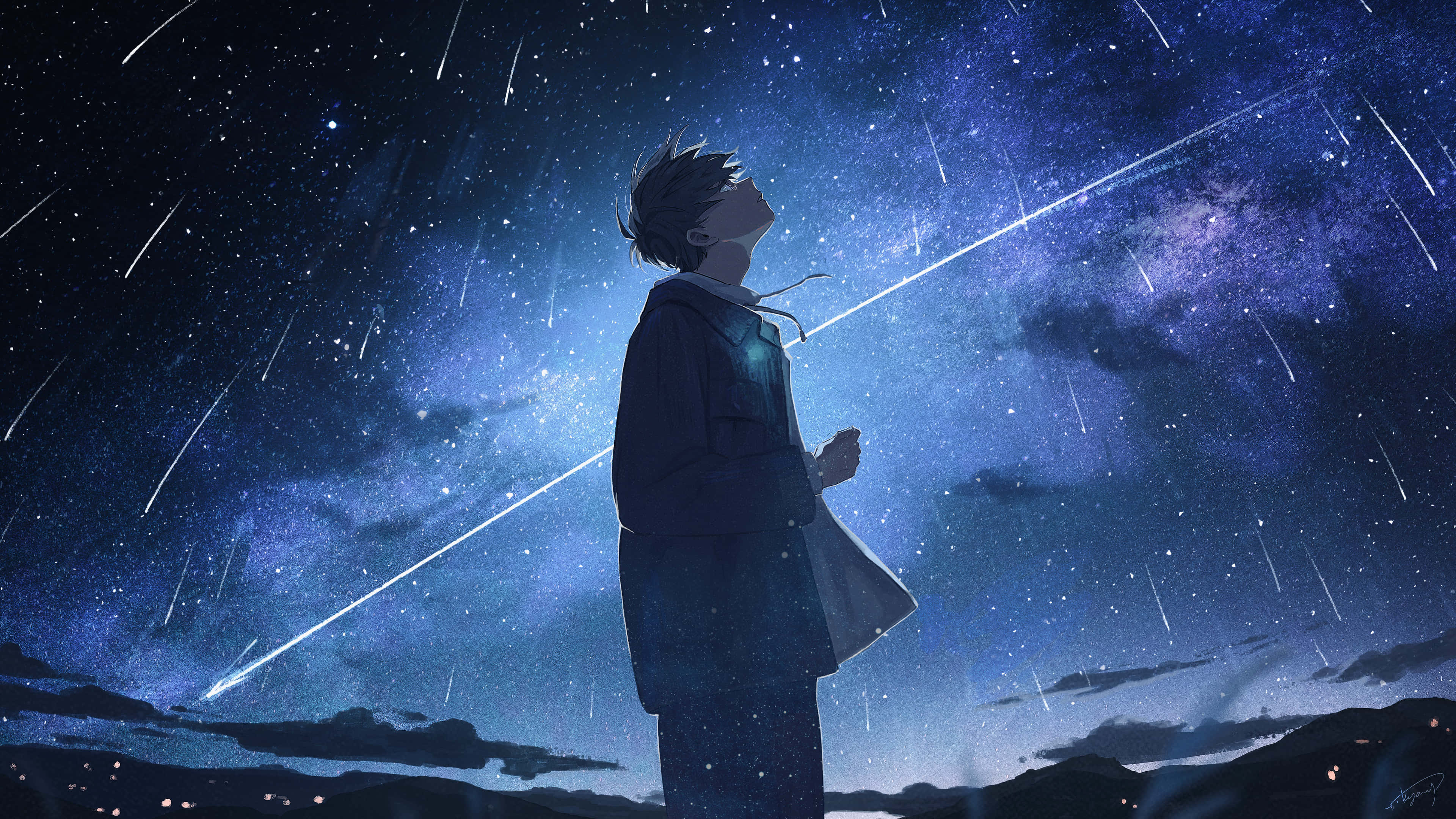 anime boy, shooting stars, vibrant blue starry night sky, 4K Desktop Wallpaper