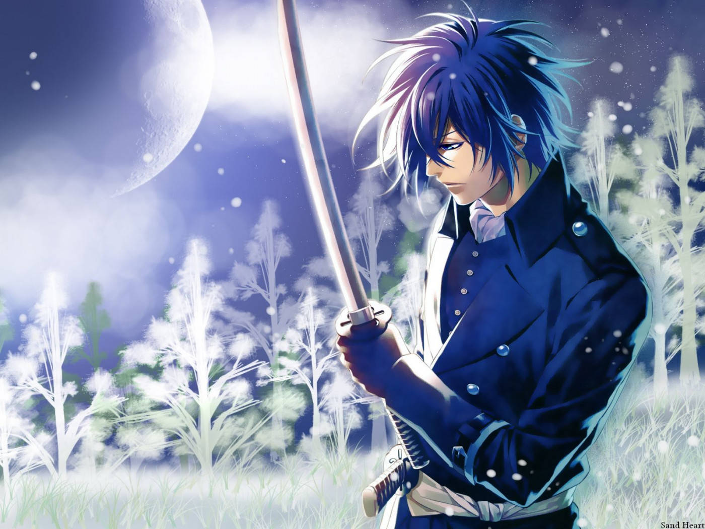 anime blue boy, blue-haired anime warrior, snowy forest, HD Desktop Wallpaper