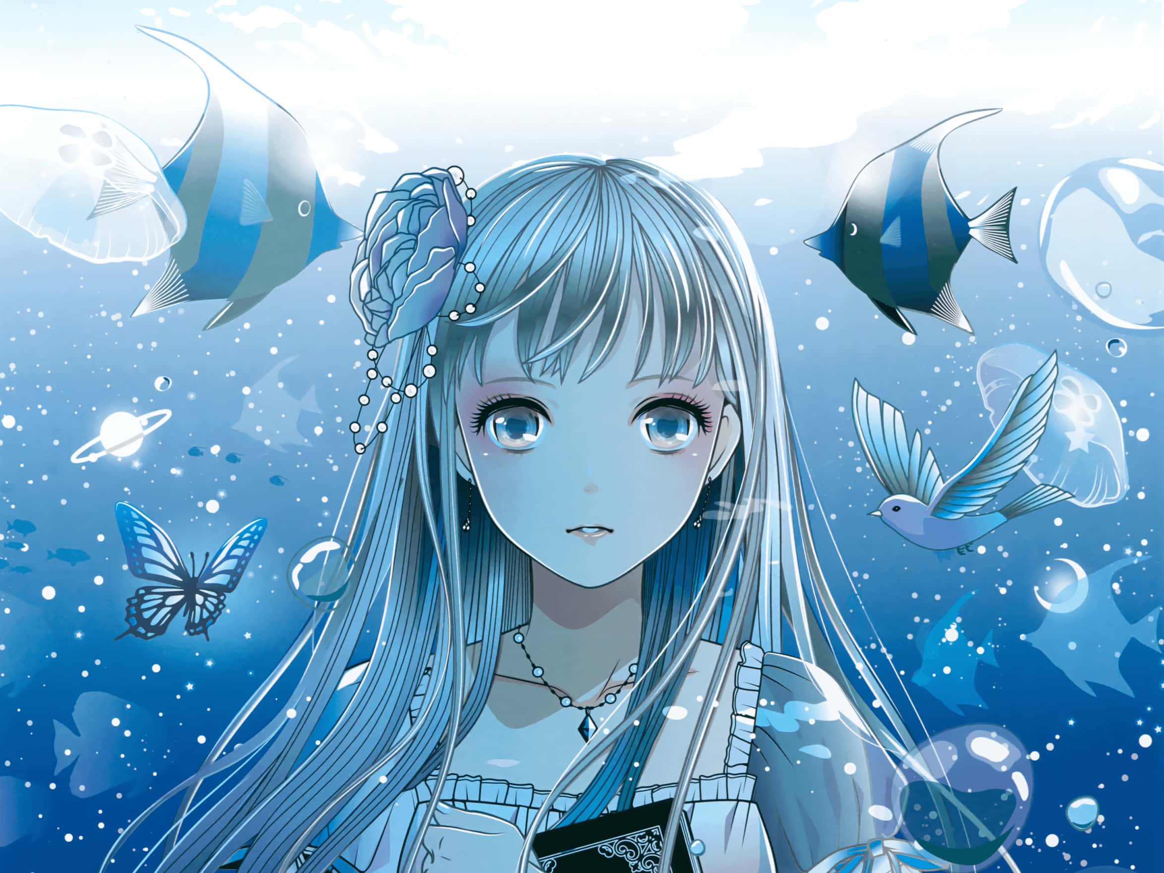 anime girl, silver hair, blue eyes, Full HD Desktop Wallpaper
