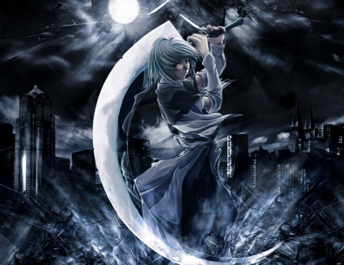 silver-haired anime warrior, sword, crescent moon backdrop, SD Desktop Wallpaper