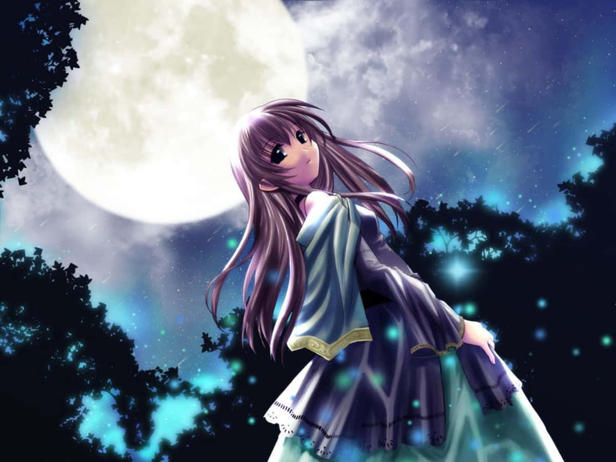 anime girl, long purple hair, giant moon, SD Desktop Wallpaper