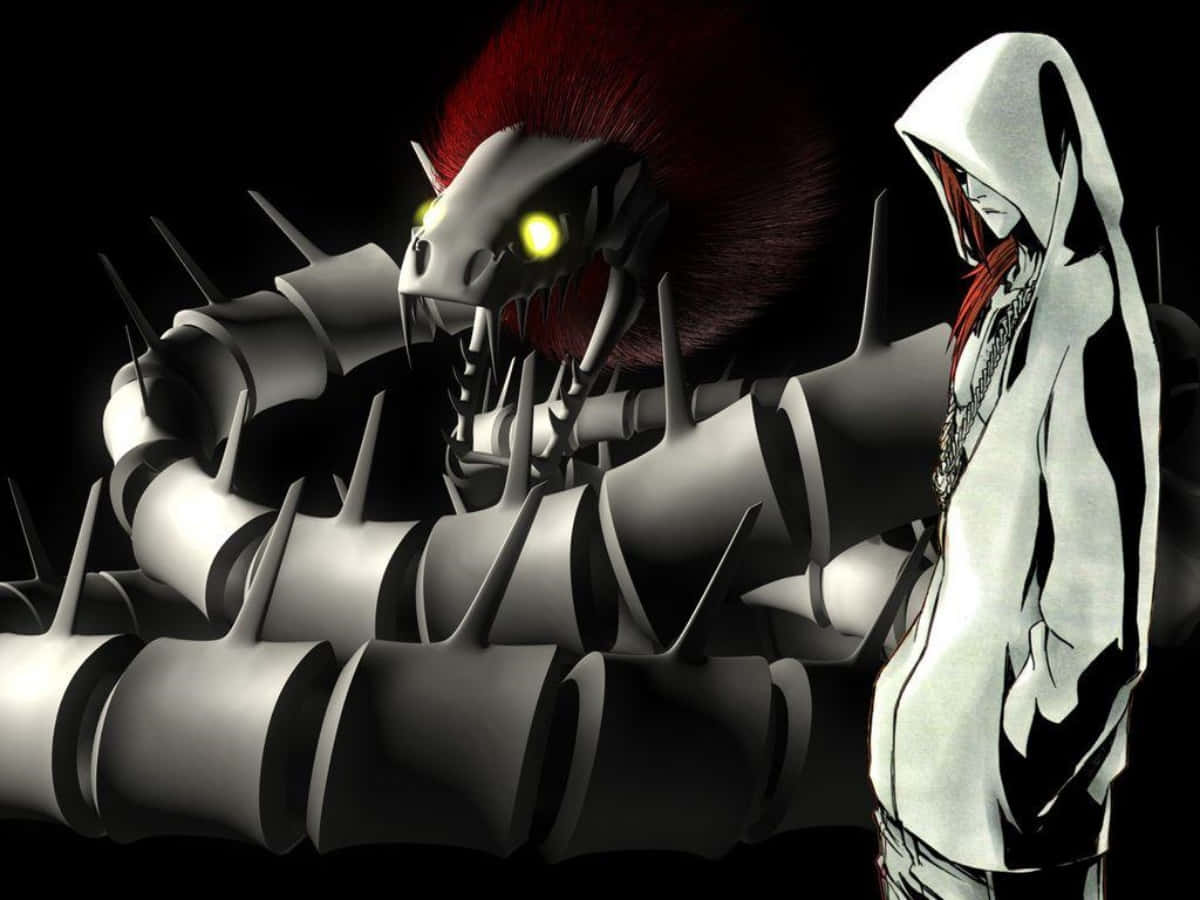 hooded anime figure, menacing spiked serpent, glowing yellow eyes, SD Desktop Wallpaper