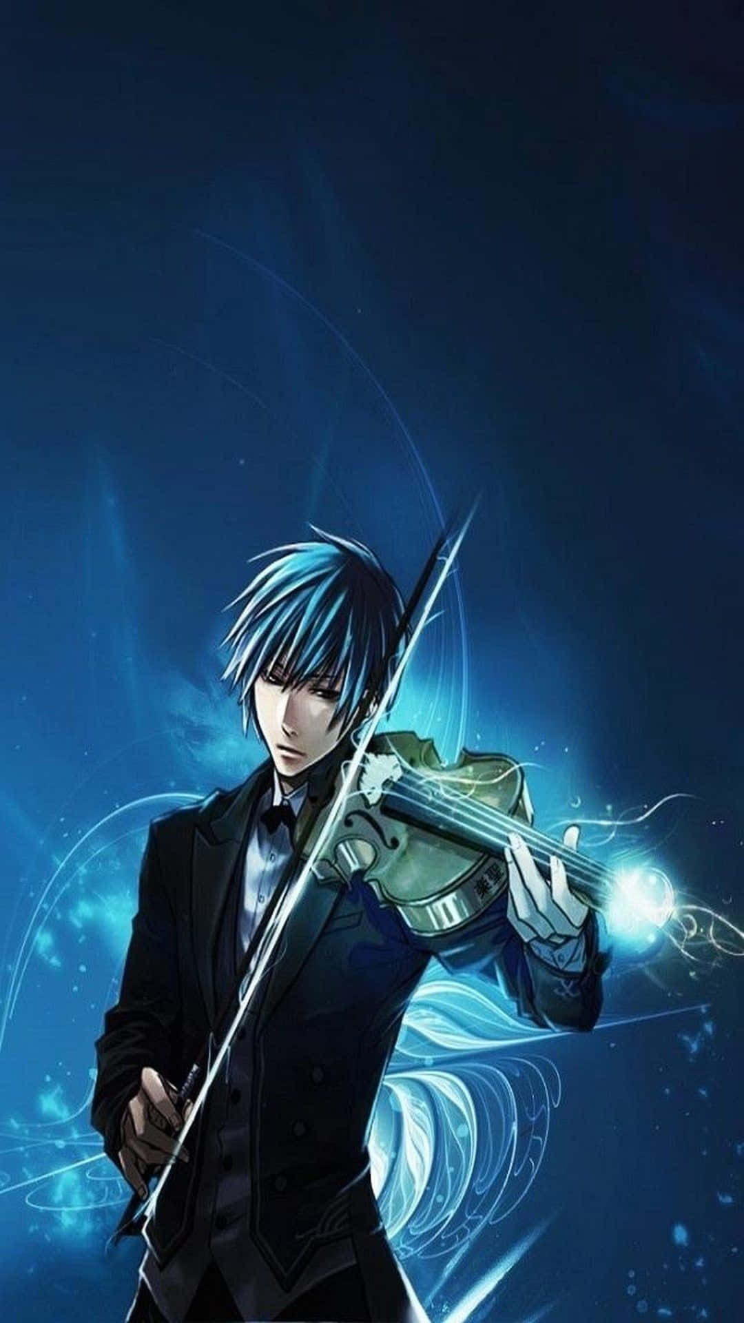 blue-haired anime boy, black suit, glowing violin, Full HD Phone Wallpaper