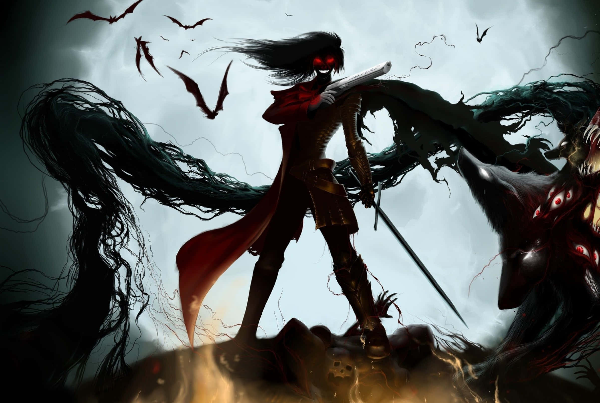 dark-haired warrior, glowing red eyes, sword, Full HD Desktop Wallpaper
