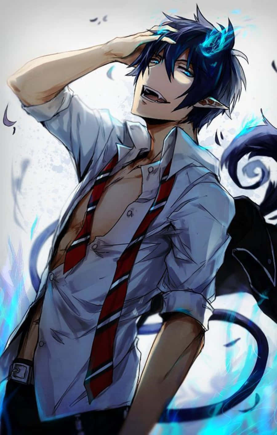 blue-haired anime boy, elf ears, red tie, HD Phone Wallpaper