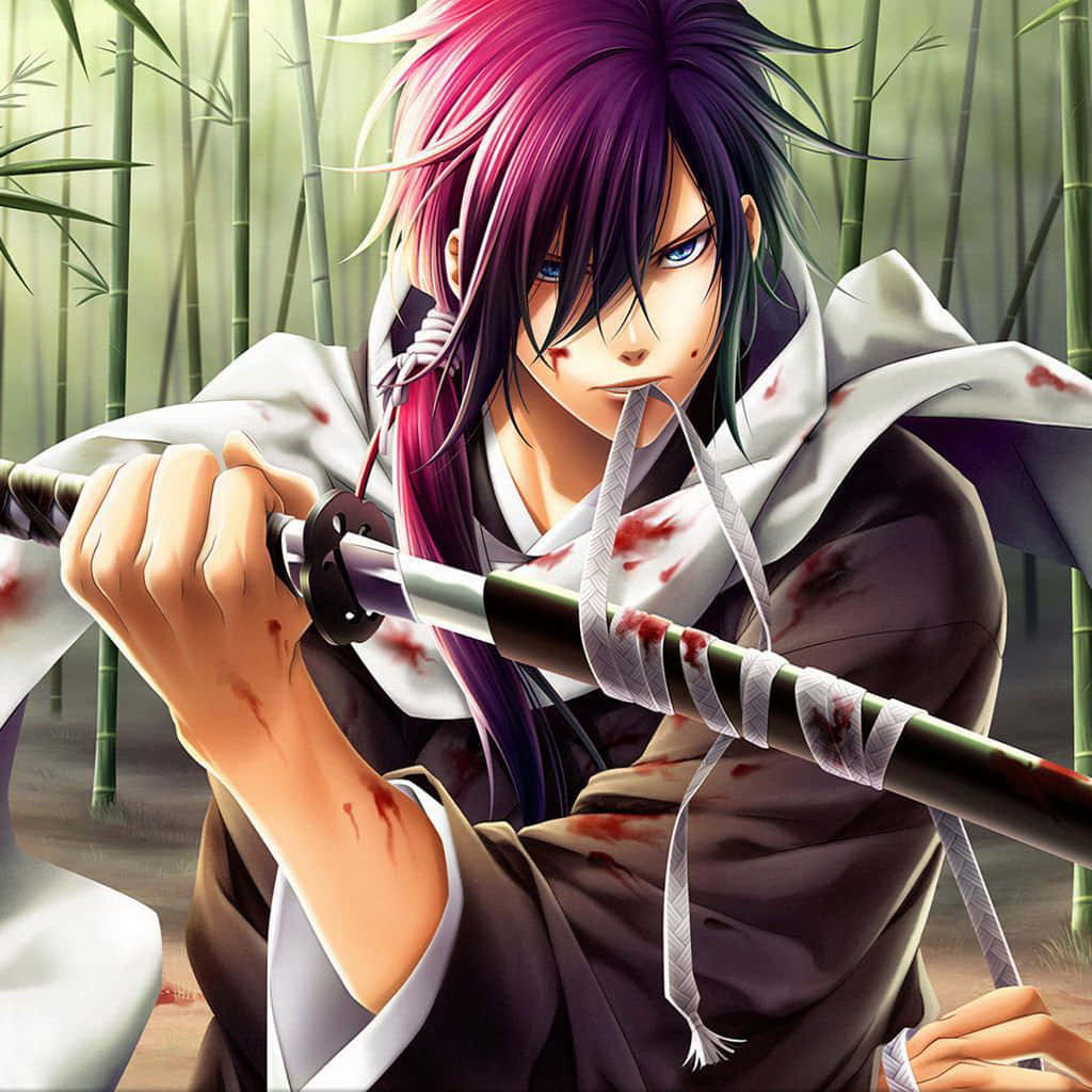 anime warrior, purple hair, bloodied katana, SD Desktop Wallpaper