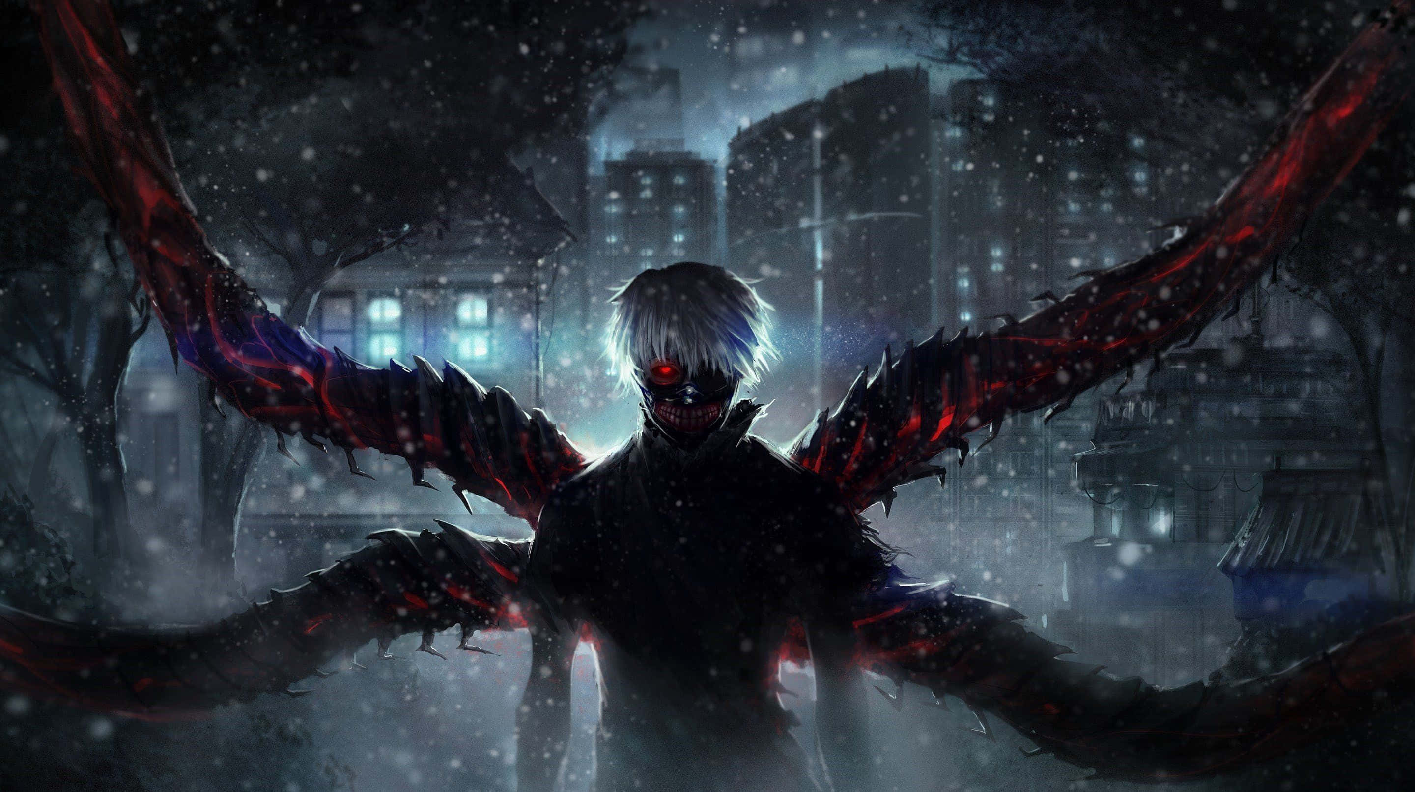 masked anime character, glowing red eyes, massive red-black wings, 2K Desktop Wallpaper