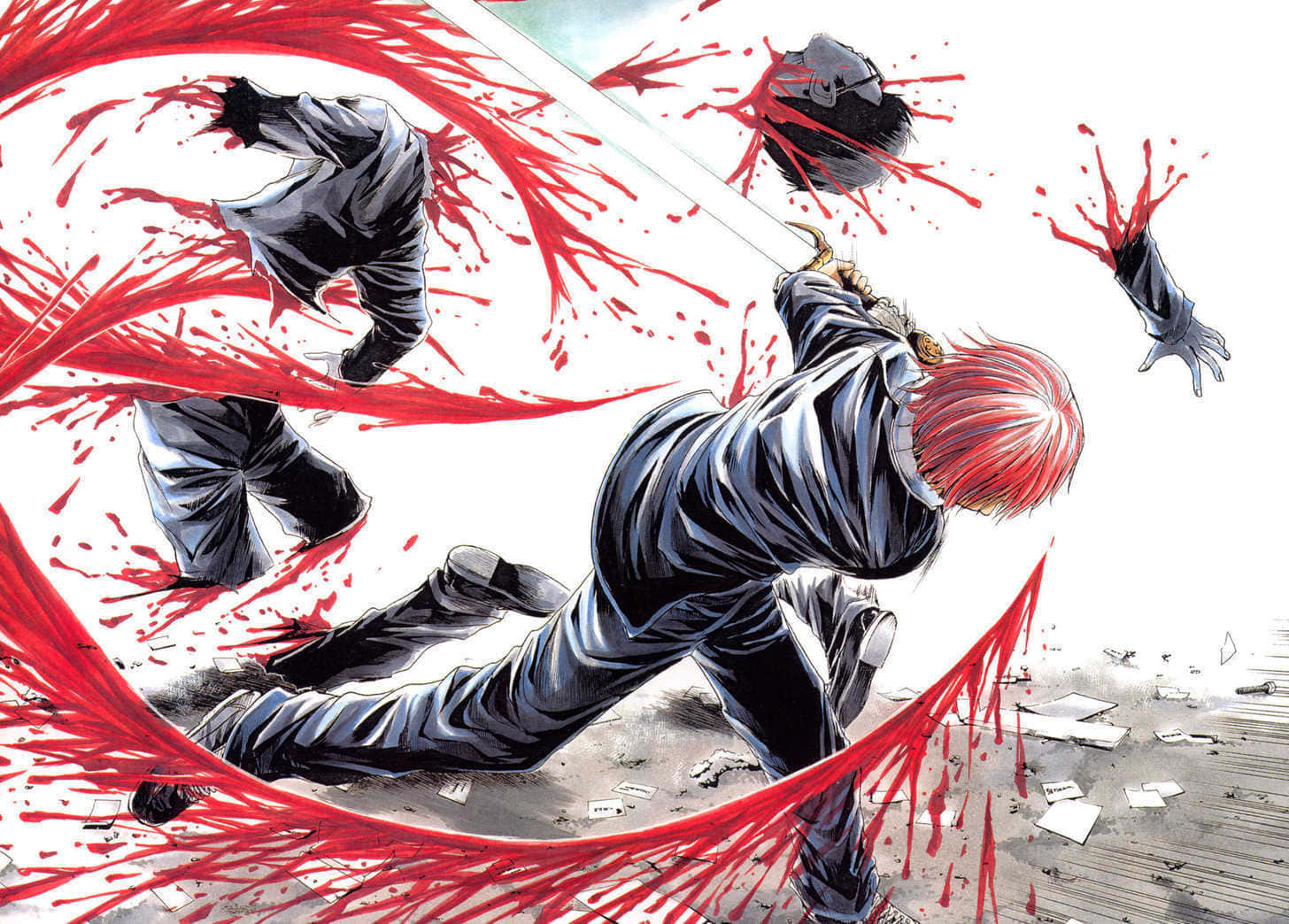 red-haired anime warrior, sword, crimson blood splatters, HD Desktop Wallpaper