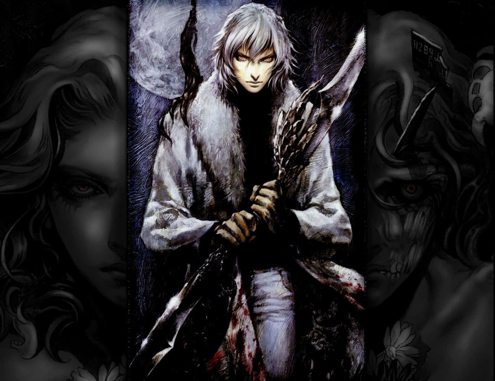 pale-haired anime warrior, bloodstained white coat, massive sword, HD Desktop Wallpaper