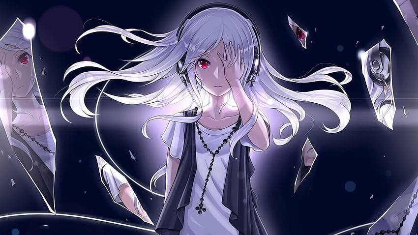 albino anime emo girl, silver-haired, red eyes, SD Desktop Wallpaper