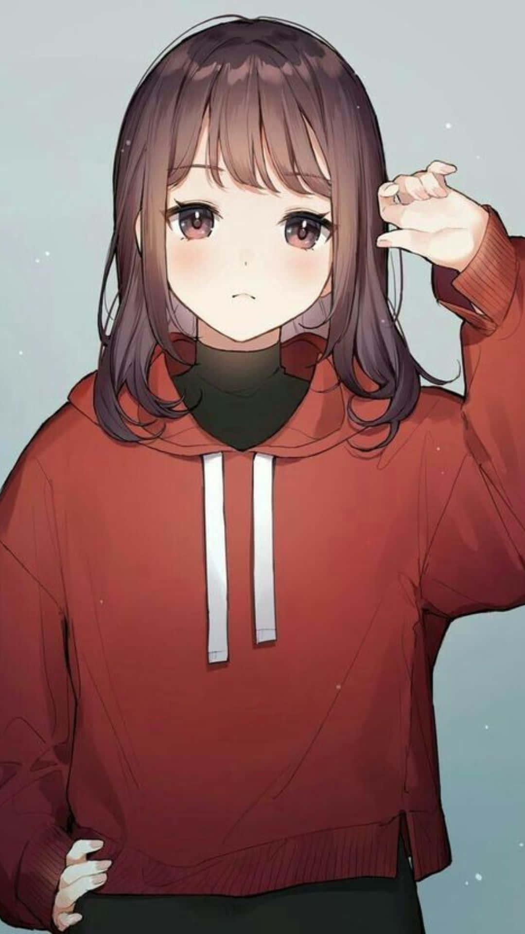 anime girl, brown hair, red hoodie, Full HD Phone Wallpaper