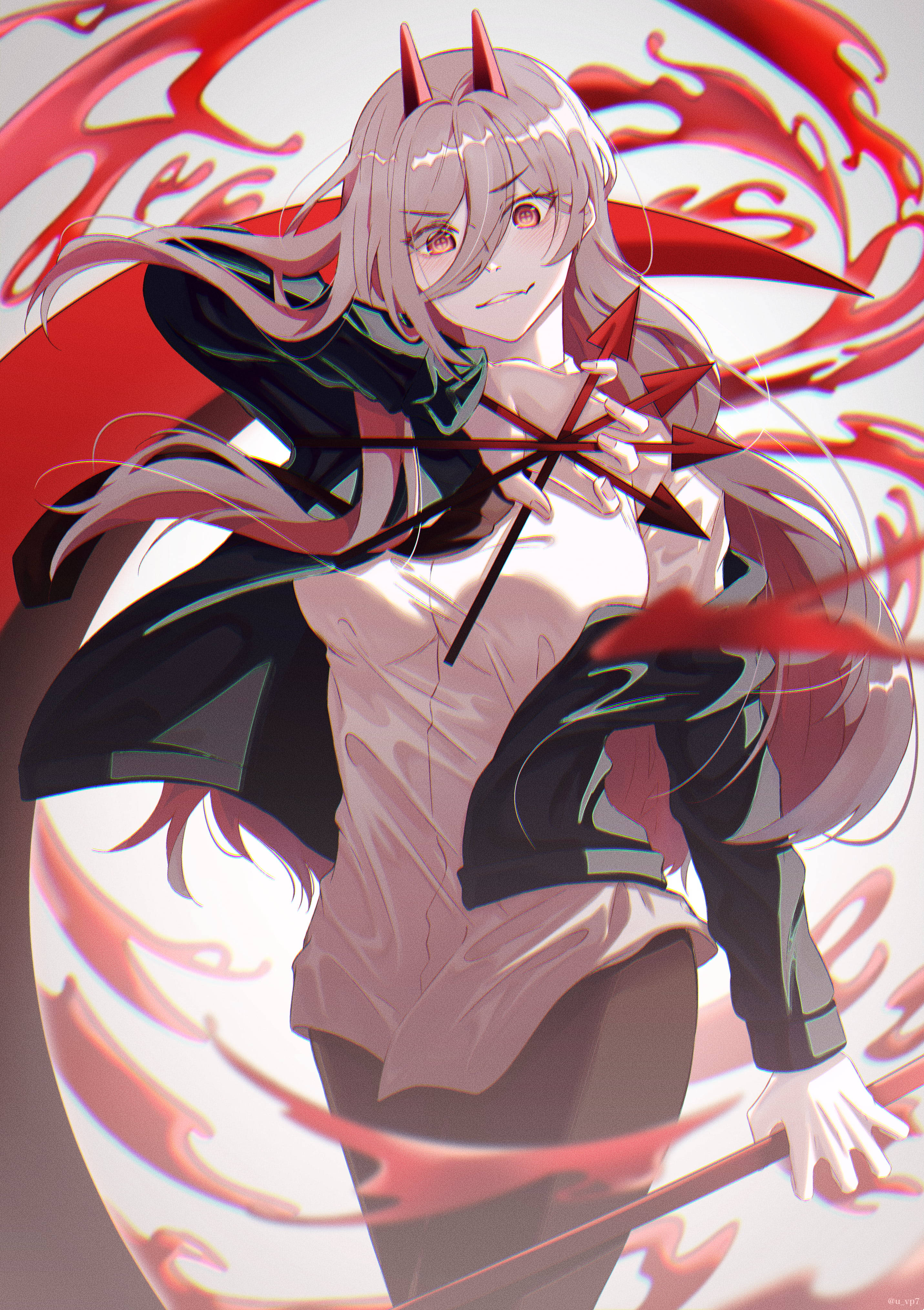 pink hair, red horns, red star-shaped weapon, 4K Phone Wallpaper