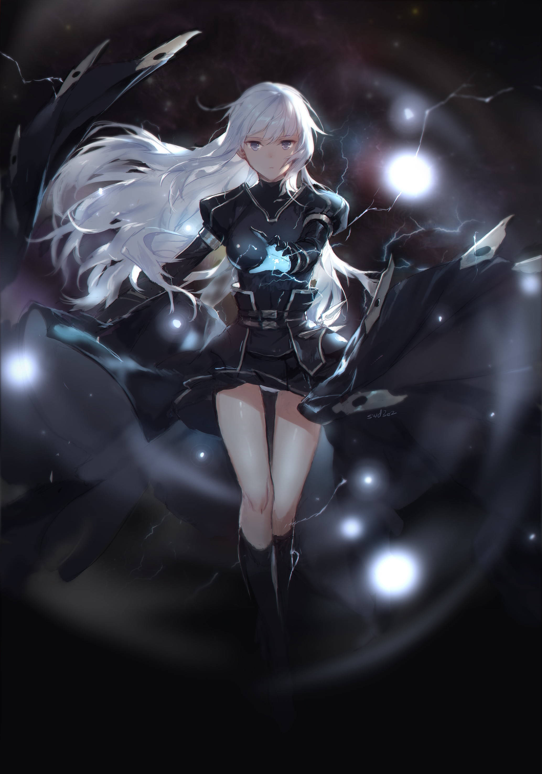 silver-haired anime girl, black armor, cosmic lightning, 2K Phone Wallpaper