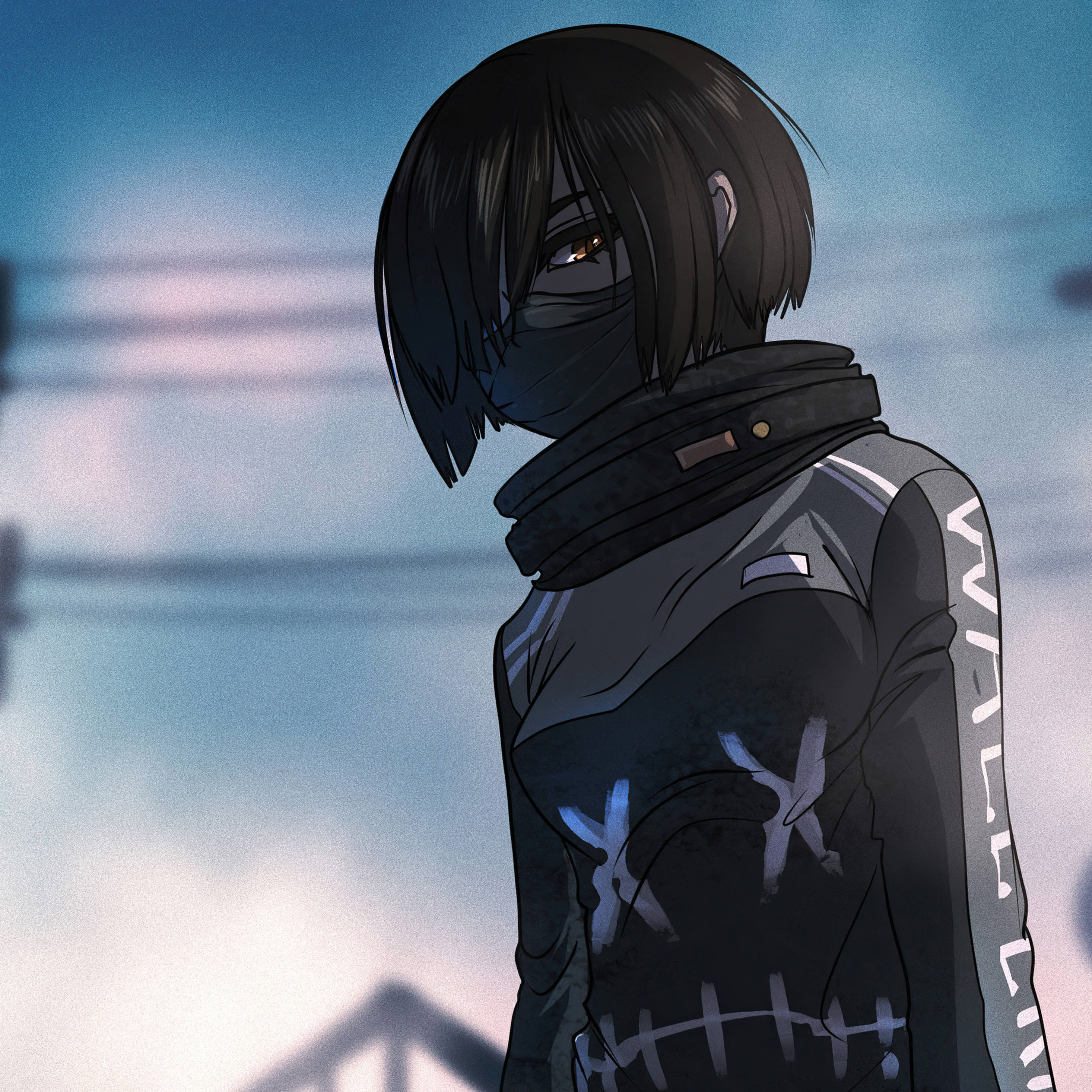 masked anime character, short dark hair, glowing eyes, 2K Desktop Wallpaper