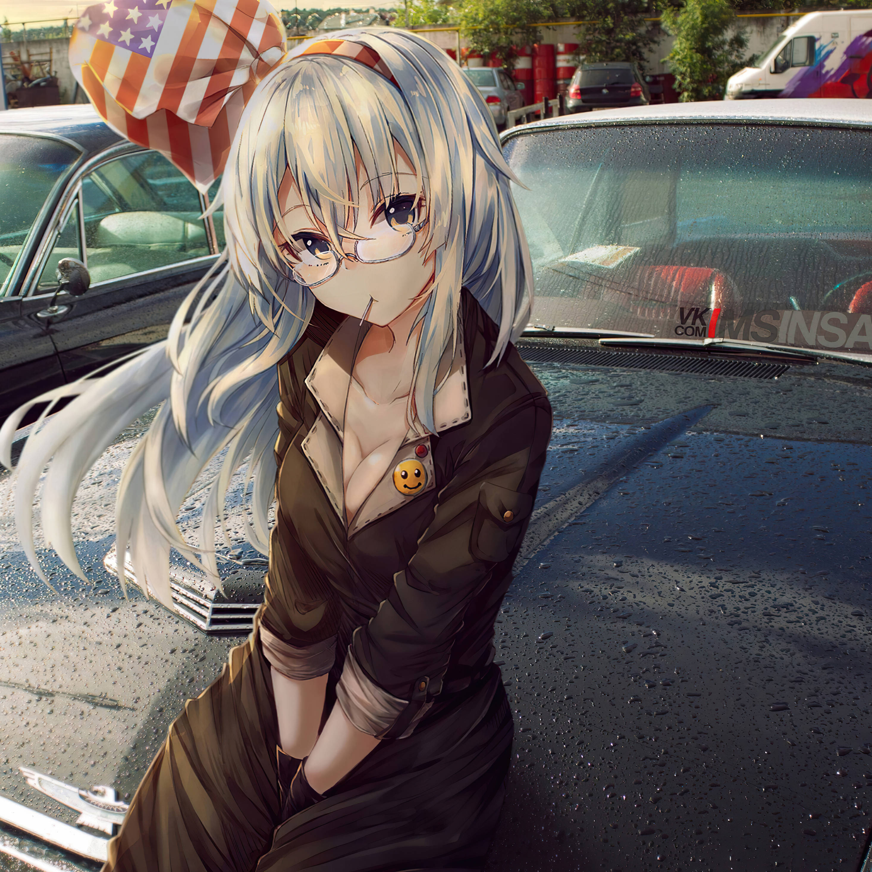 anime girl, silver-haired, glasses, 2K Desktop Wallpaper