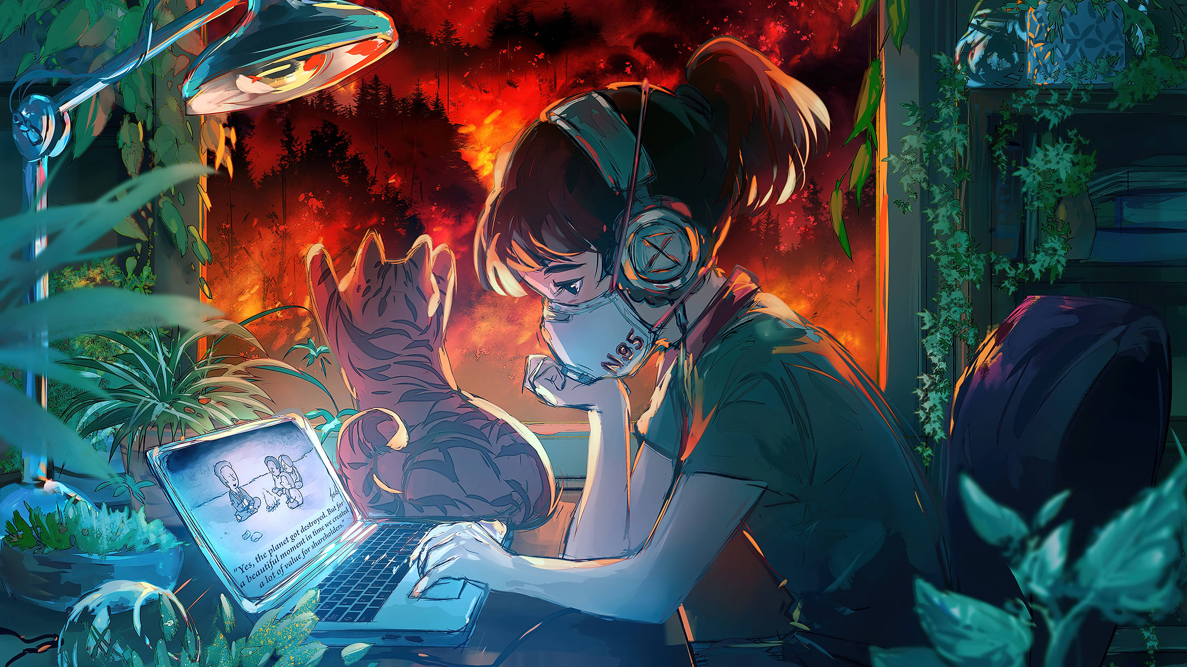 masked anime girl, laptop, cat, 4K Desktop Wallpaper