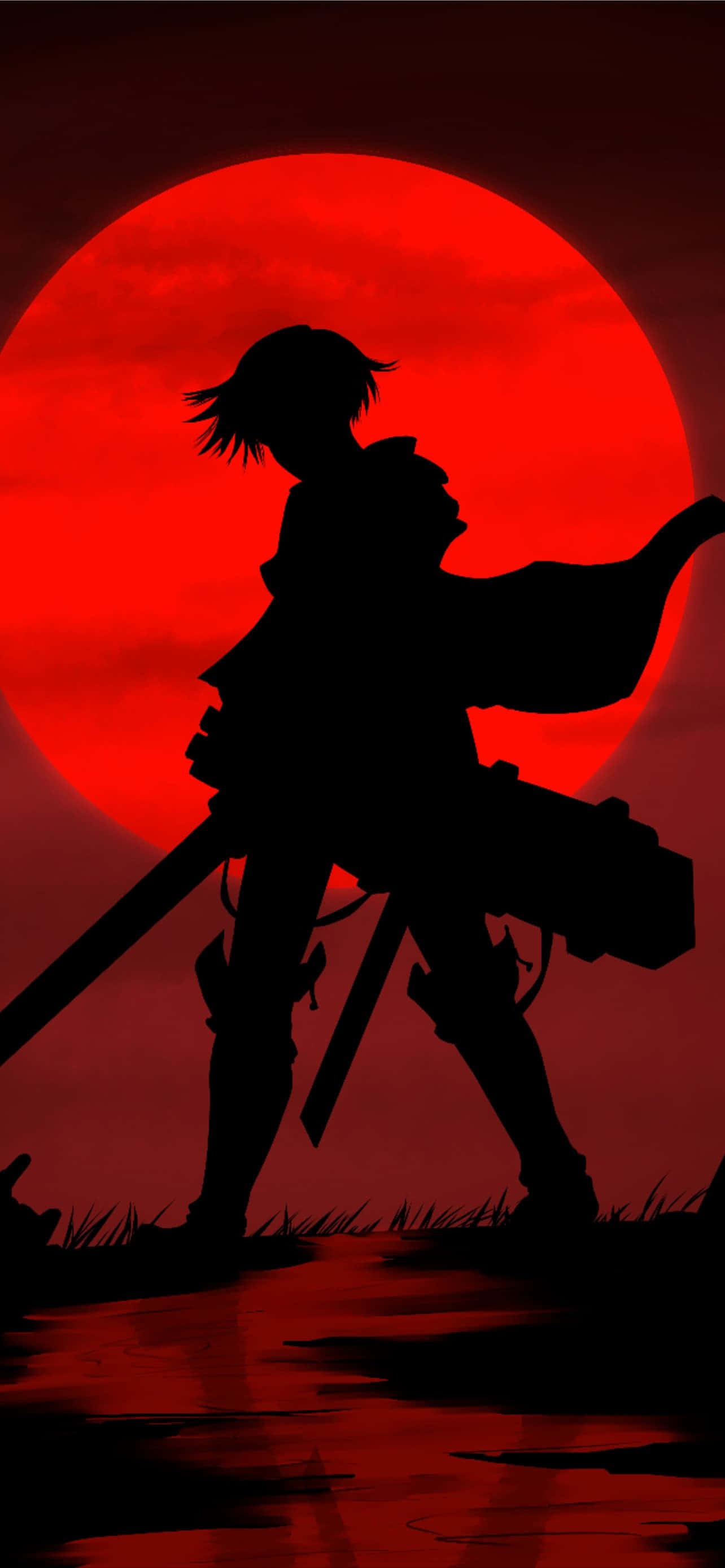 Red Moon, warrior's silhouette, massive crimson sun, 2K Phone Wallpaper
