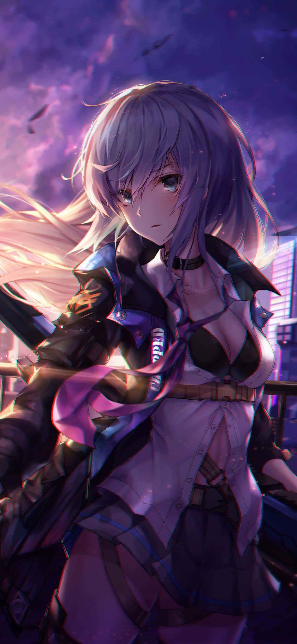 purple-haired anime girl, detailed outfit, vibrant twilight cityscape, 2K Phone Wallpaper