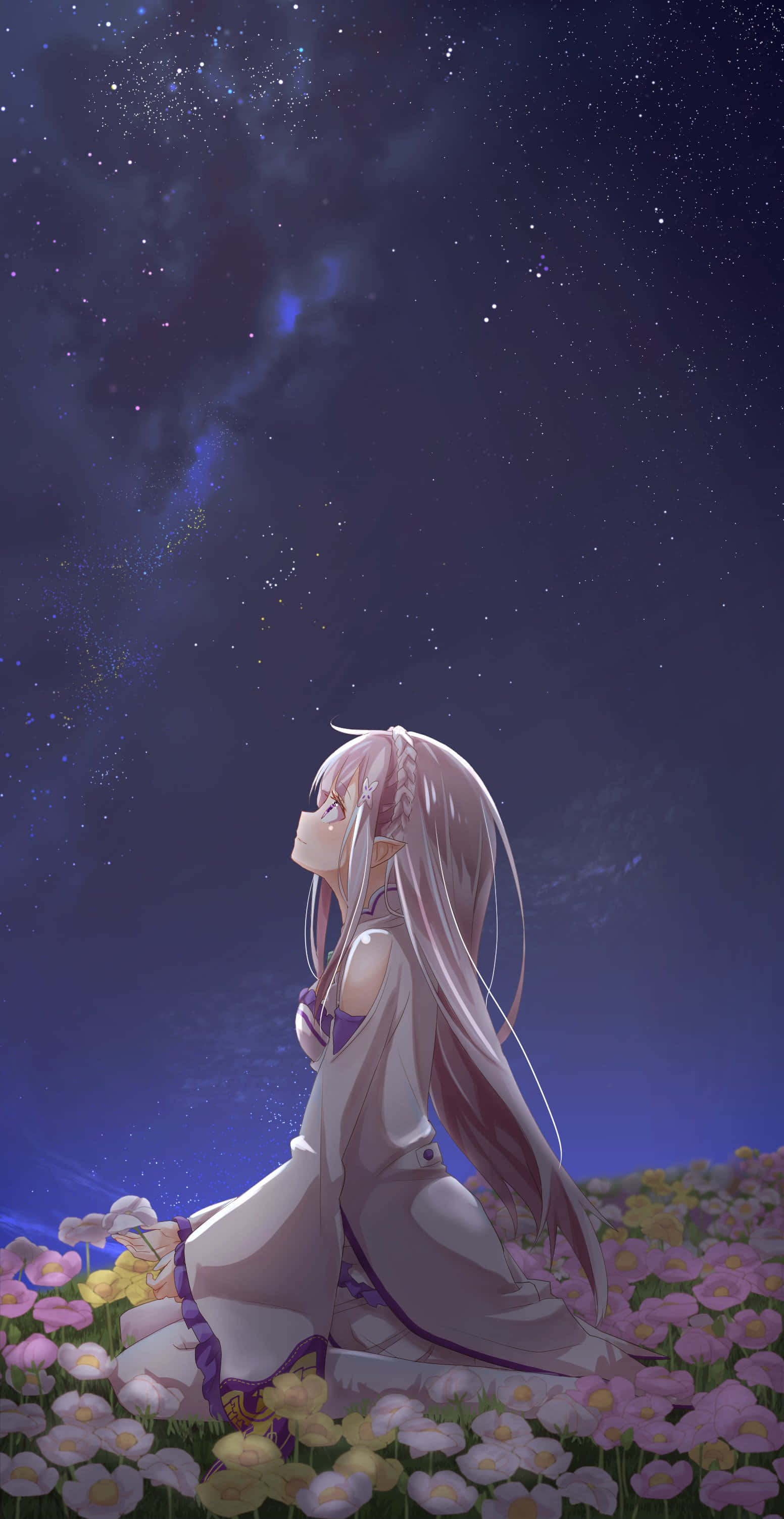 anime girl, long pink hair, glowing flowers, 2K Phone Wallpaper