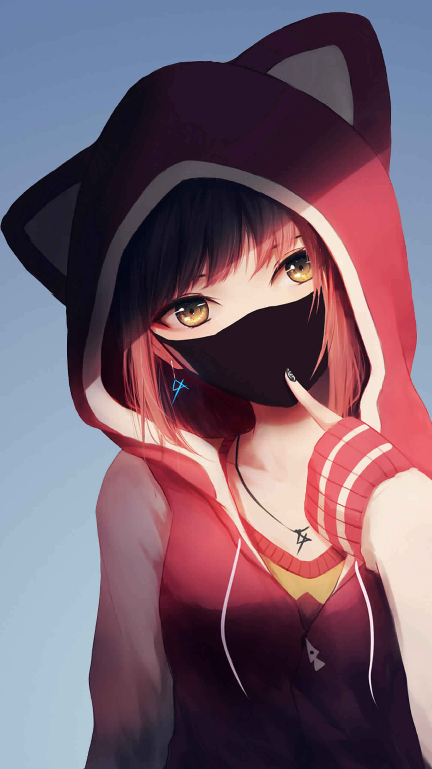 iPhone, anime girl, red hoodie, 2K Phone Wallpaper