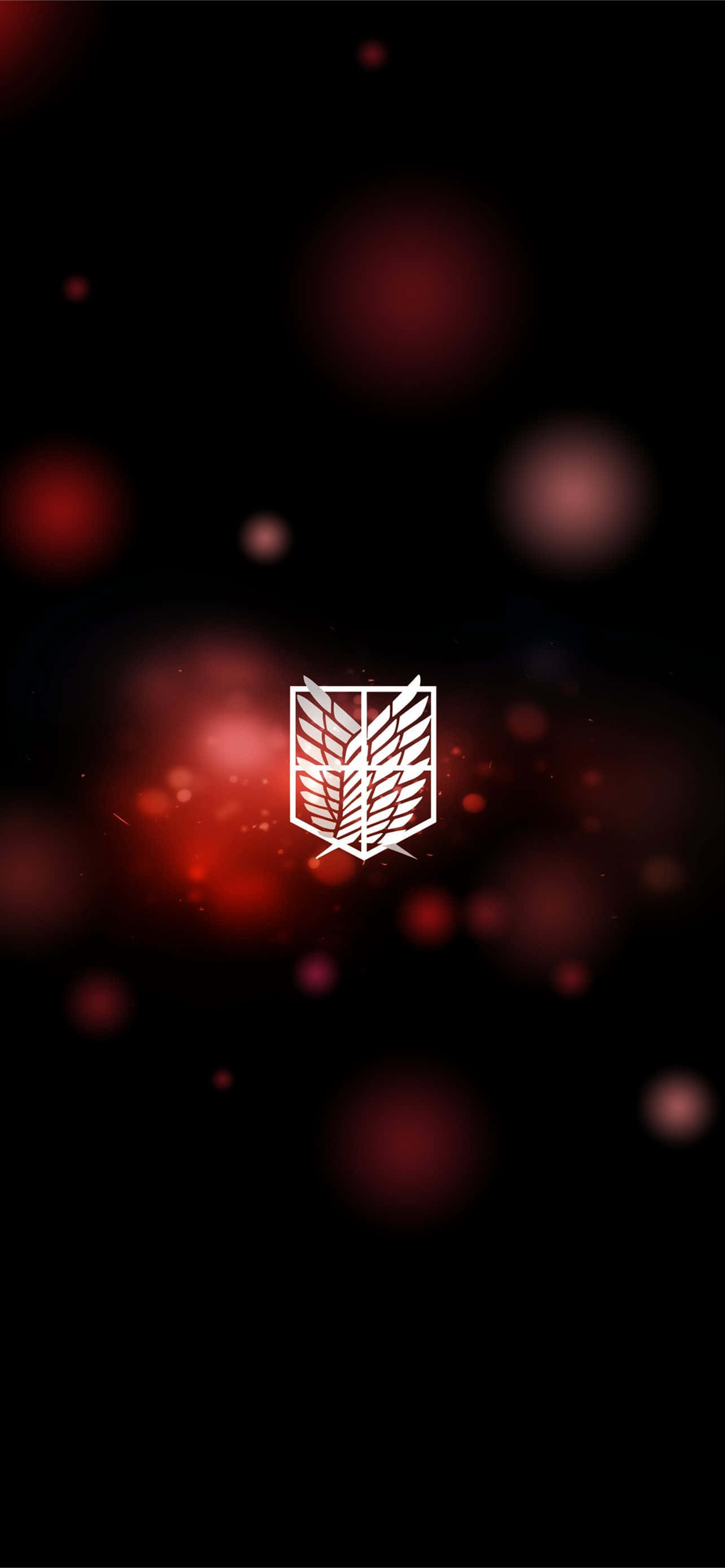 white Survey Corps emblem, dark background, soft red bokeh lights, 2K Phone Wallpaper