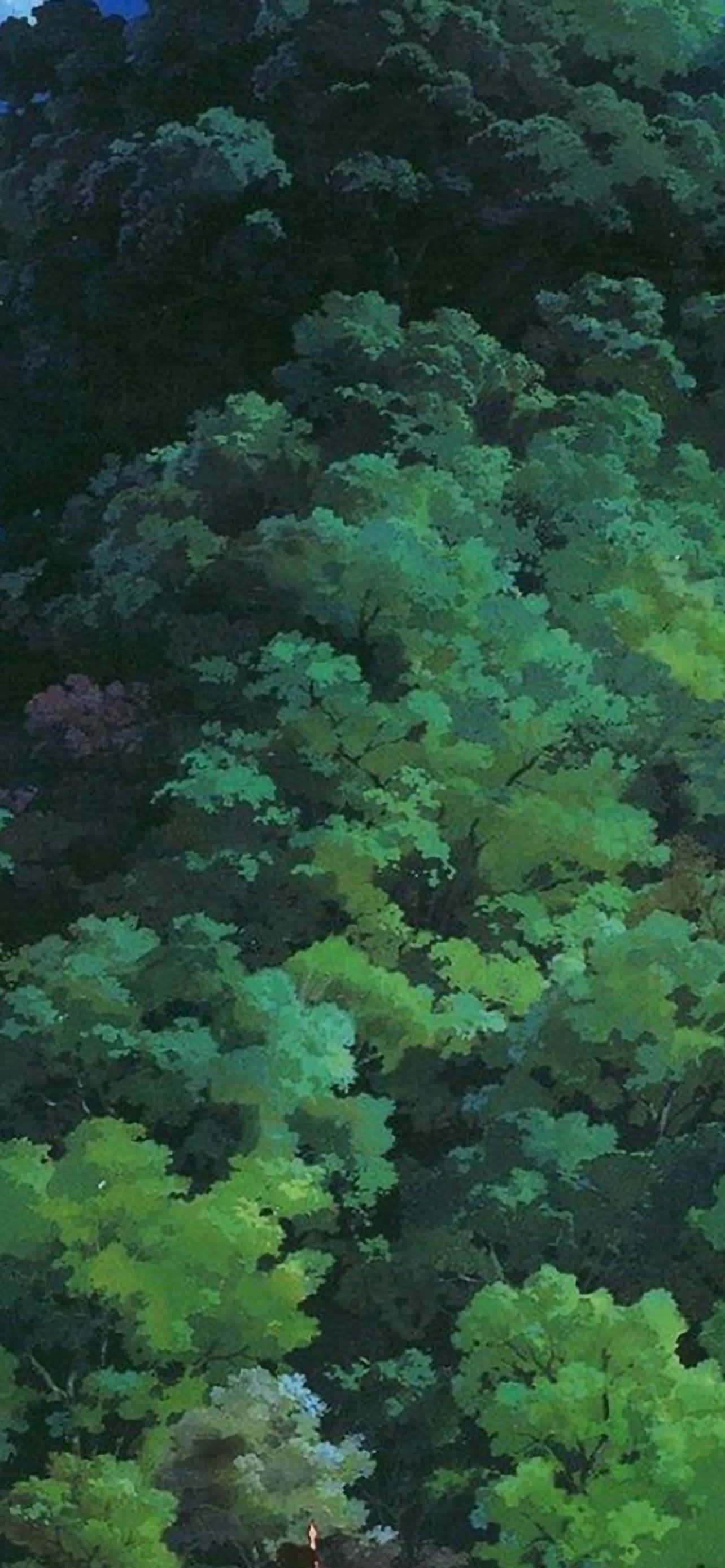 Cool Anime iPhone, vibrant green trees, darkening sky, 2K Phone Wallpaper