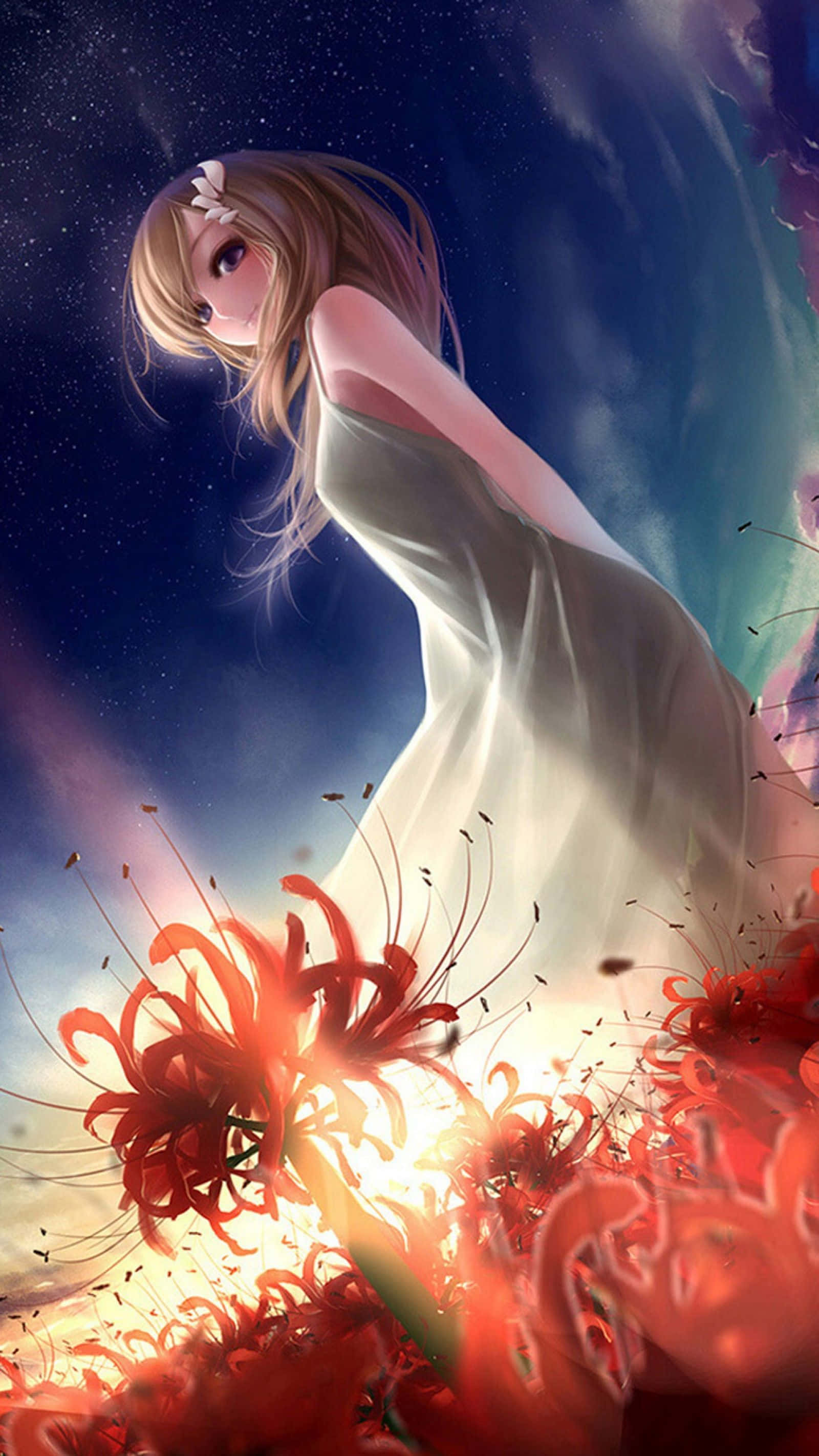 anime girl, white dress, fiery red spider lilies, 2K Phone Wallpaper