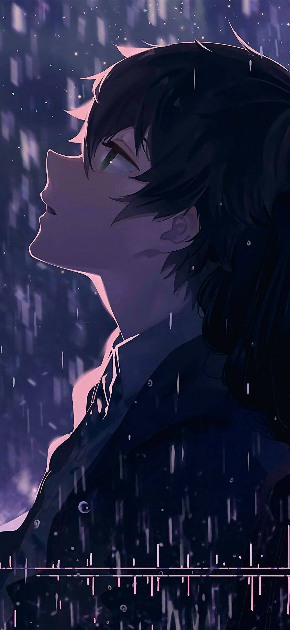 Anime boy, dark hair, rain, Full HD Phone Wallpaper