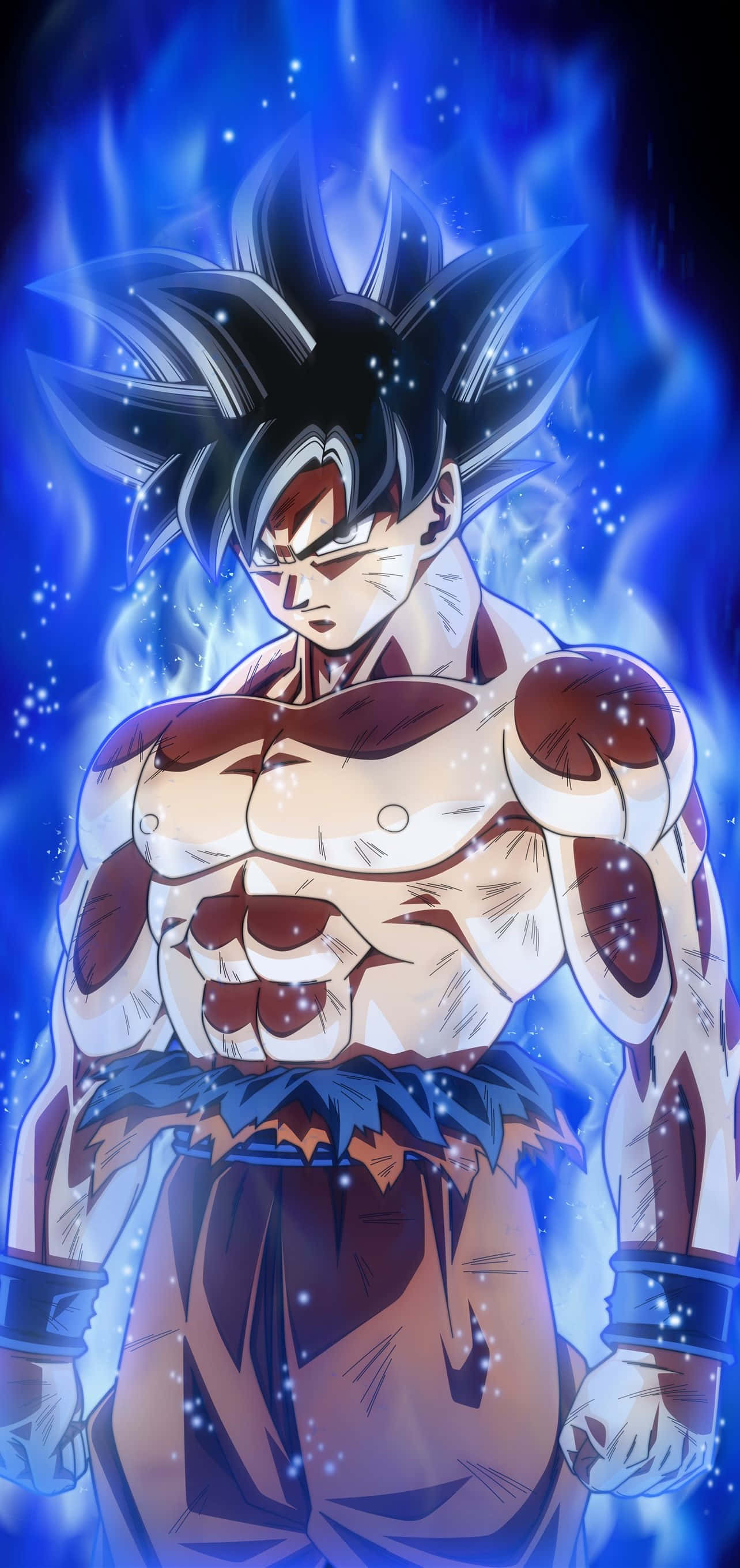 anime warrior, spiky black hair, glowing blue aura, 2K Phone Wallpaper