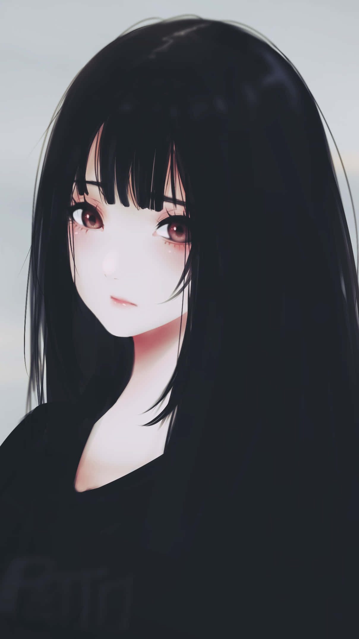 anime girl, long black hair, soft brown eyes, Full HD Phone Wallpaper