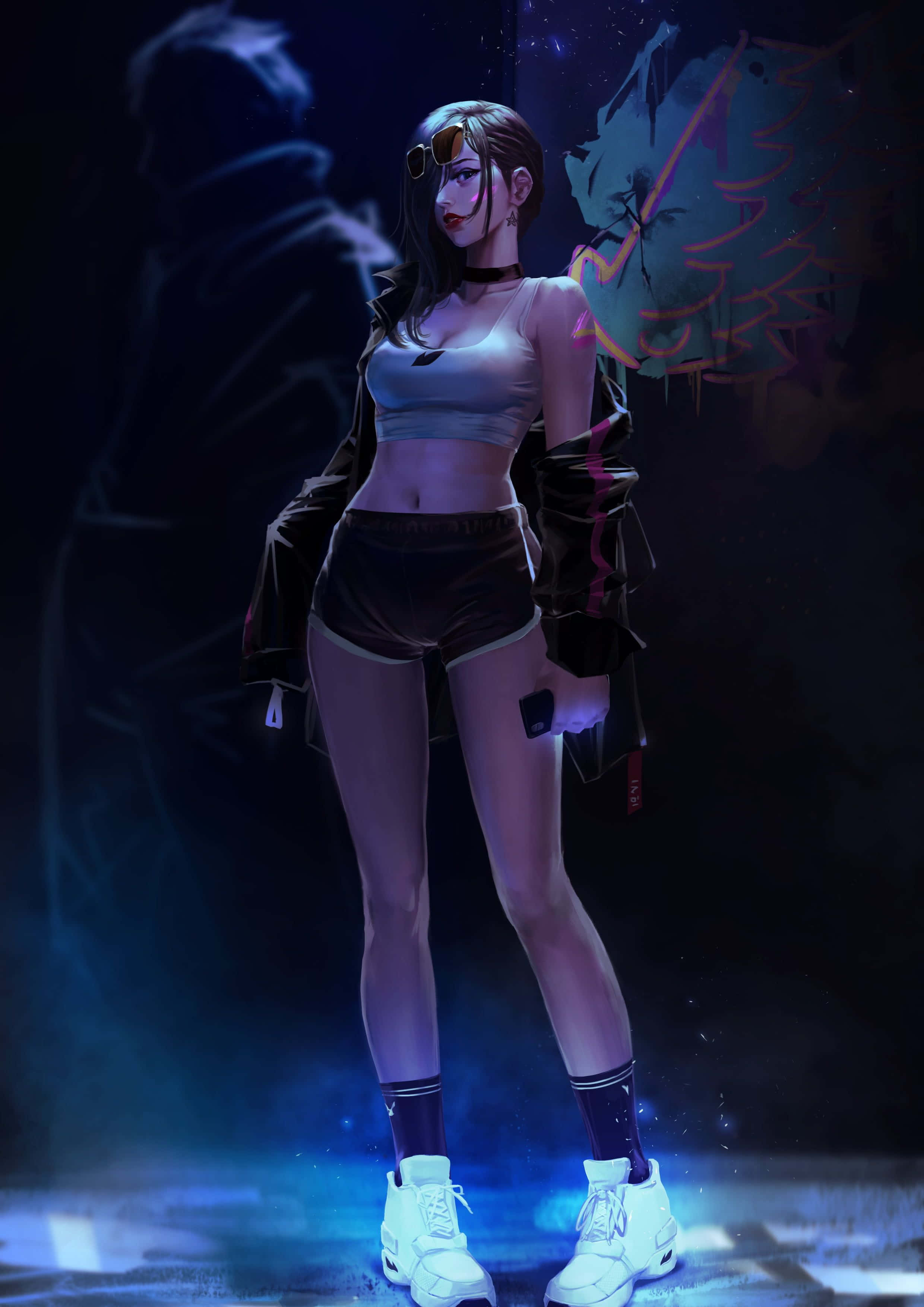 cyberpunk anime girl, glowing white sneakers, neon lights, 2K Phone Wallpaper