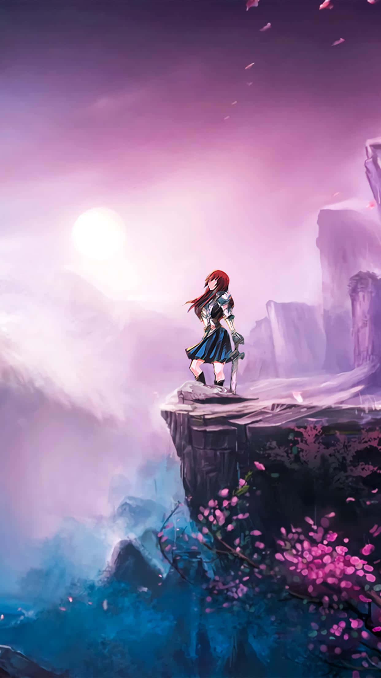 anime girl, red hair, cliff edge, Full HD Phone Wallpaper