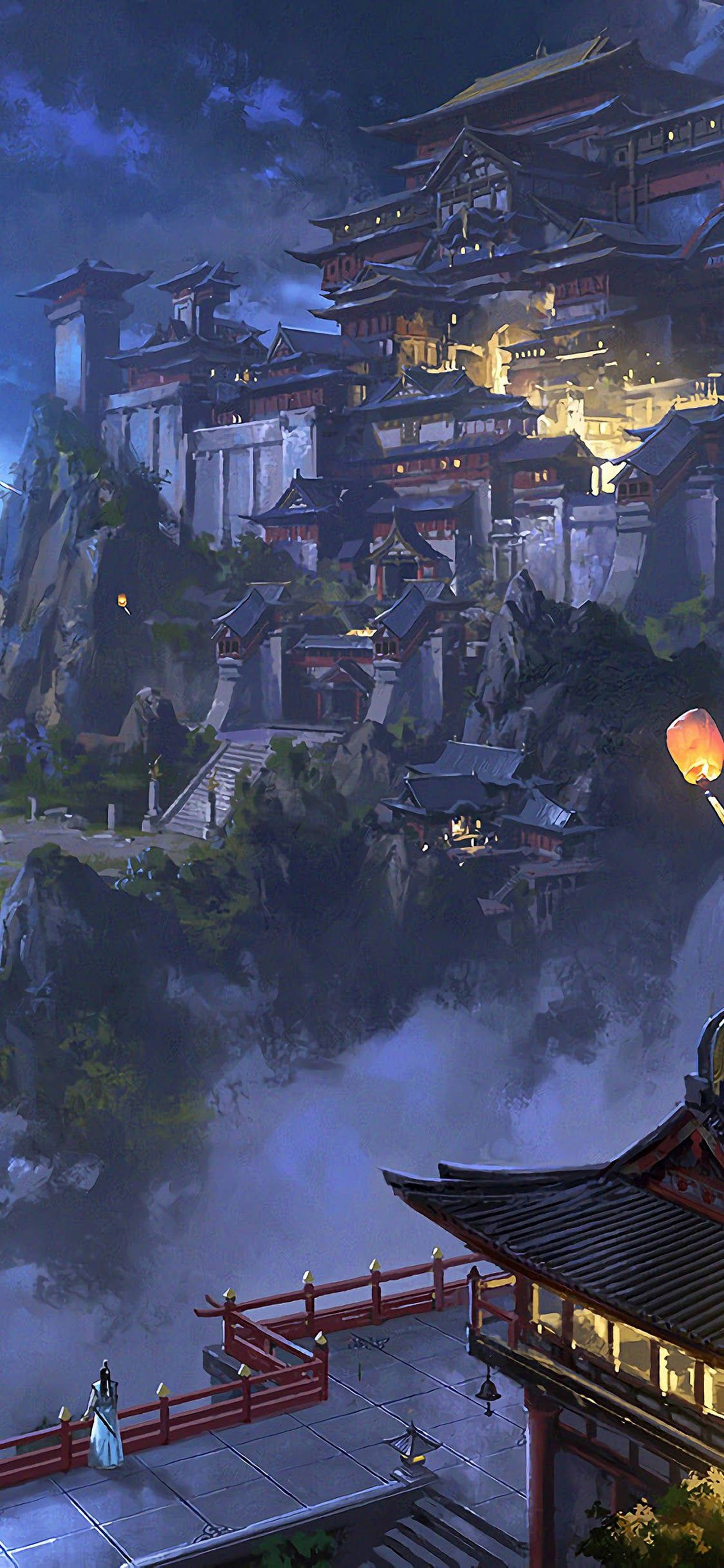 4K Anime iPhone, Japanese mountain temple, twilight sky, 2K Phone Wallpaper
